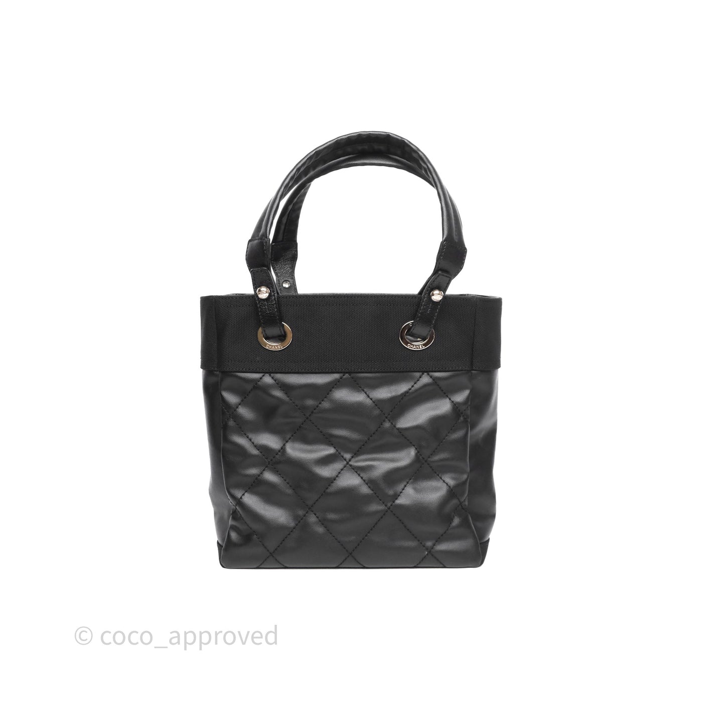 Chanel Quilted Paris Biarritz Tote PM Black Coated Canvas