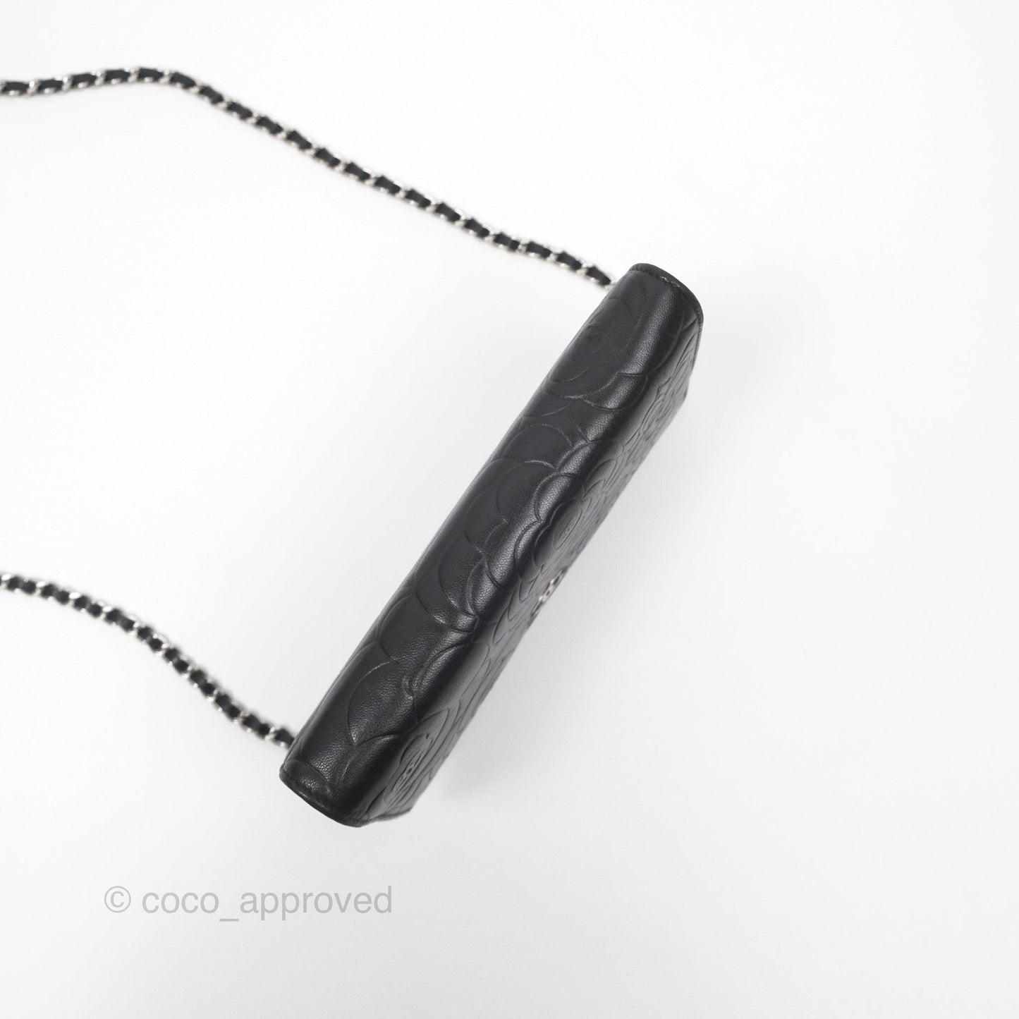 Chanel Camellia Embossed Wallet on Chain WOC Black Lambskin Silver Hardware