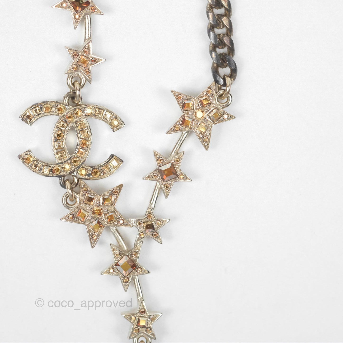 Chanel Crystal CC Star Drop Necklace Gold Tone 21S