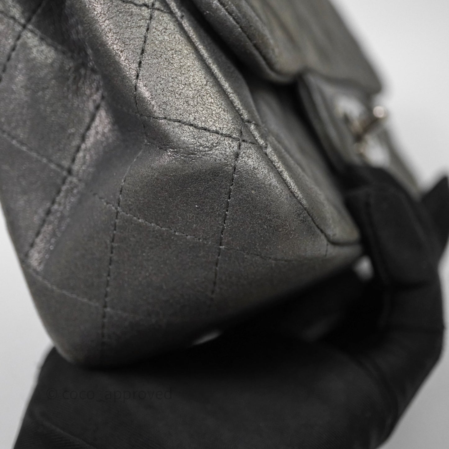 Chanel Mini Square Iridescent Grey Suede Gun Metal Hardware