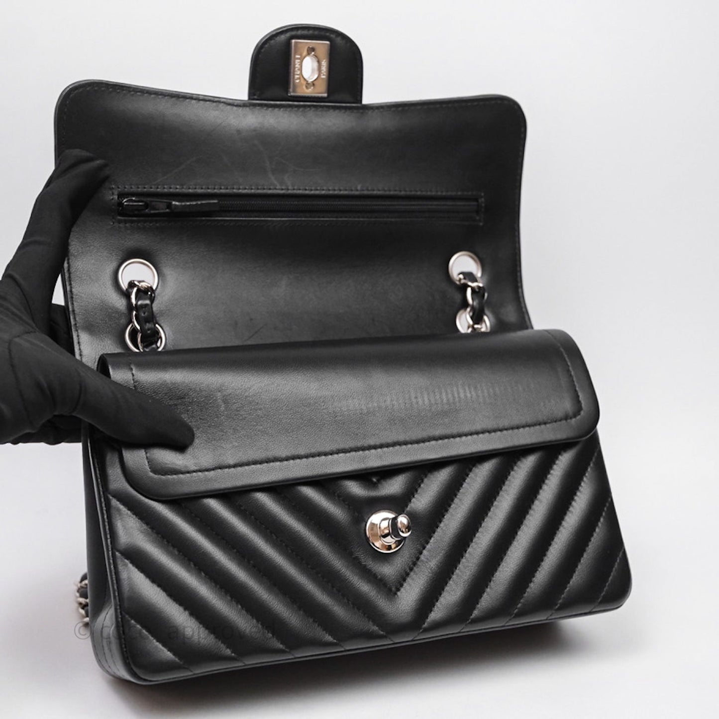 Chanel Small Classic Chevron Flap Black Lambskin Silver Hardware