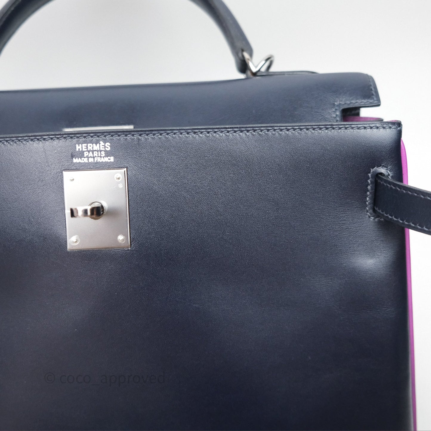 Hermès Vintage Kelly 32 Retourn Navy/Purple Box Leather Palladium Hardware