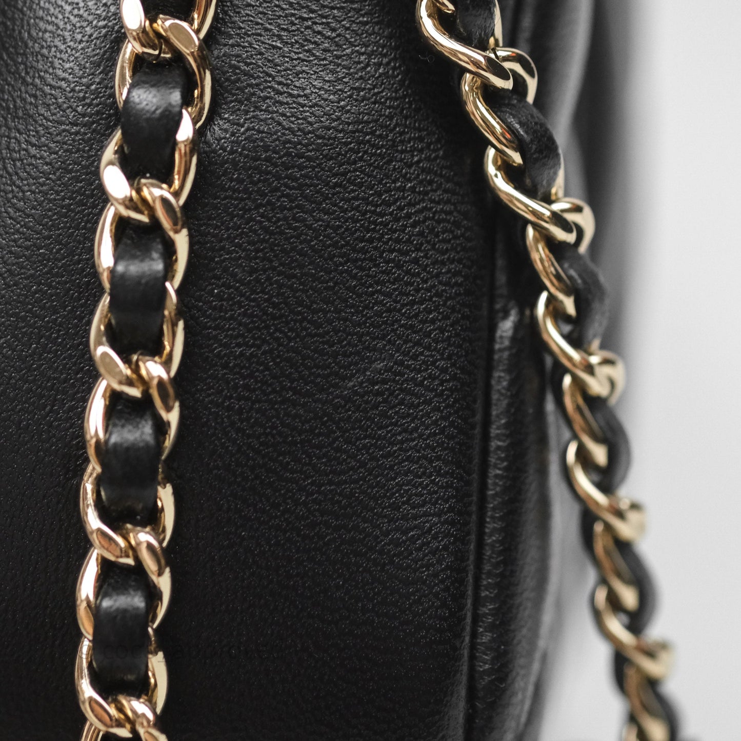Chanel Logo Pearl Chain Flap Bag Black Lambskin Gold Hardware