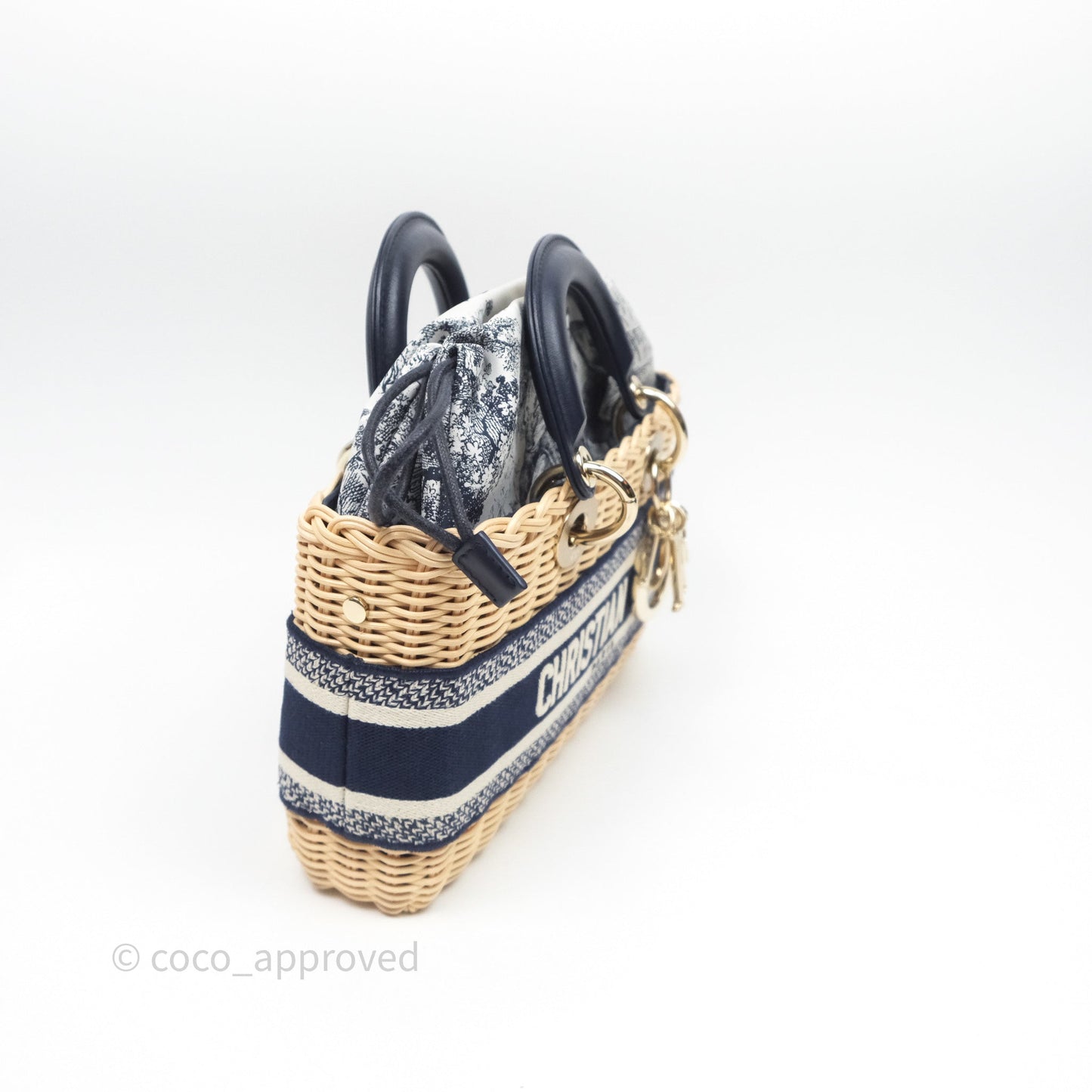 Christian Dior Dioriviera Medium Lady D-Joy Bag Natural Rattan and Blue Dior Oblique Jacquard