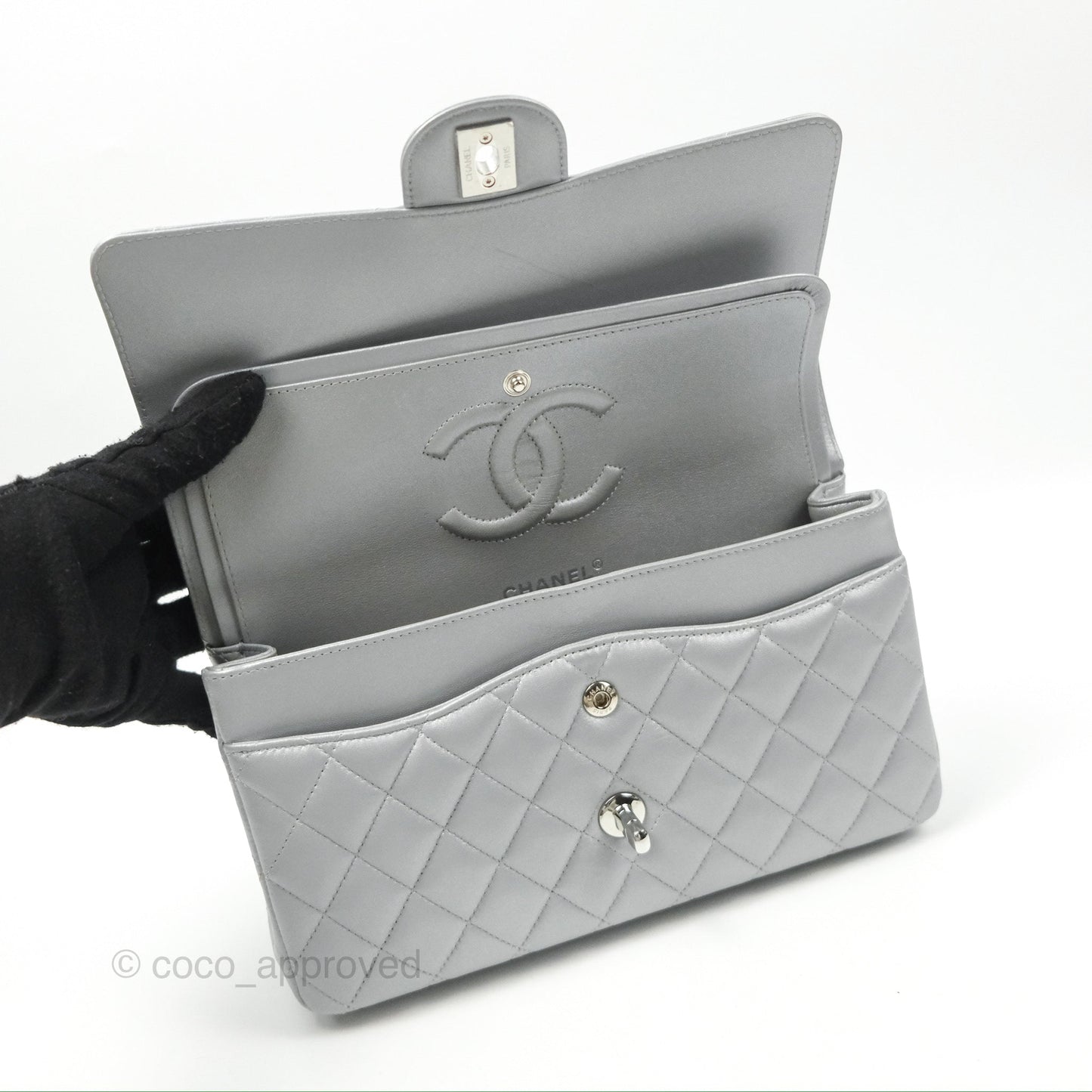 Chanel Classic M/L Medium Flap Quilted Pearly Silver Silver Hardware 23P