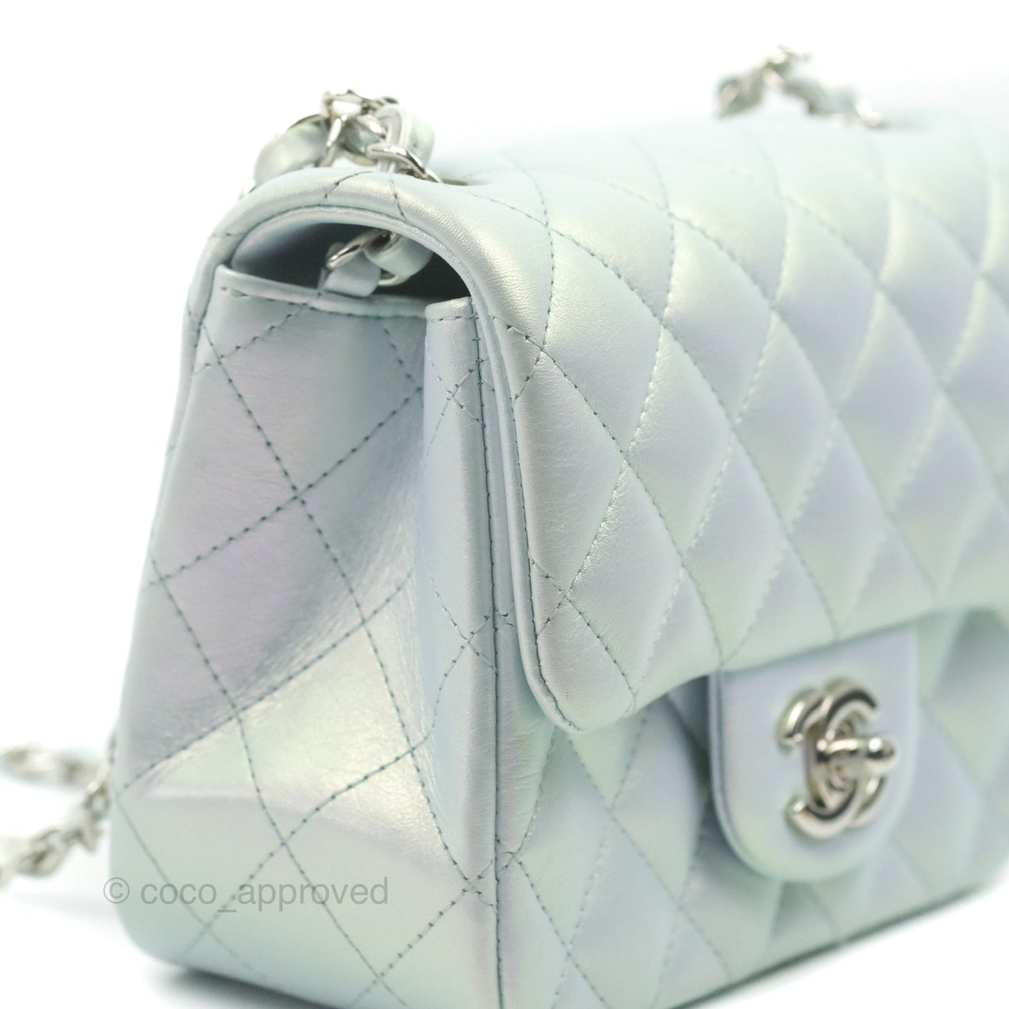 Chanel Mini Square Quilted Iridescent Icy Blue Silver Hardware