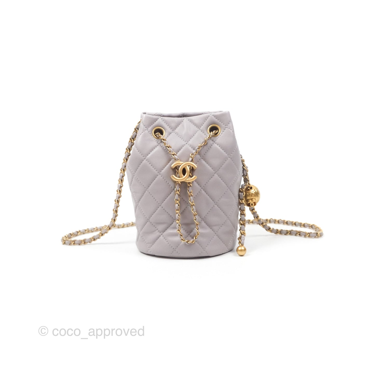 Chanel Pearl Crush Drawstring Bucket Bag Grey Lambskin Aged Gold Hardware