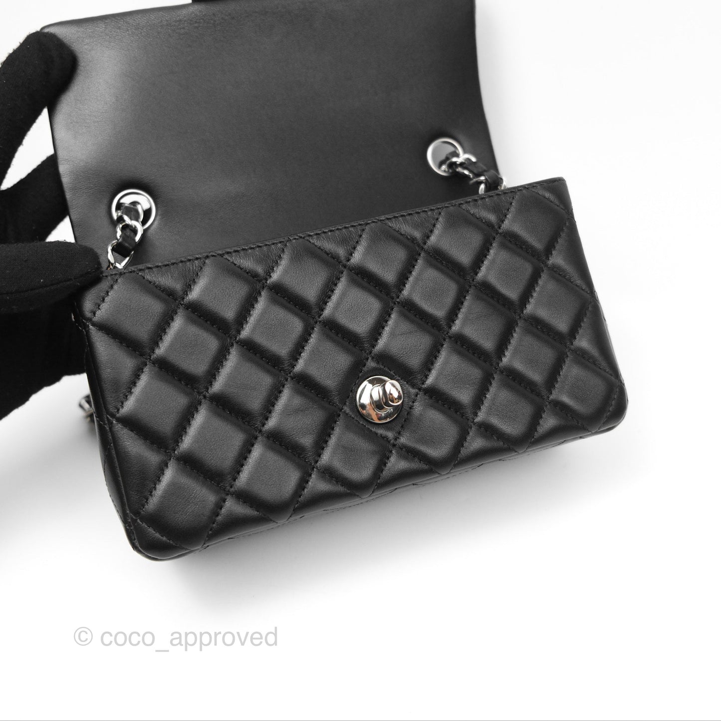 Chanel Quilted Mini Rectangular Black Lambskin Silver Hardware