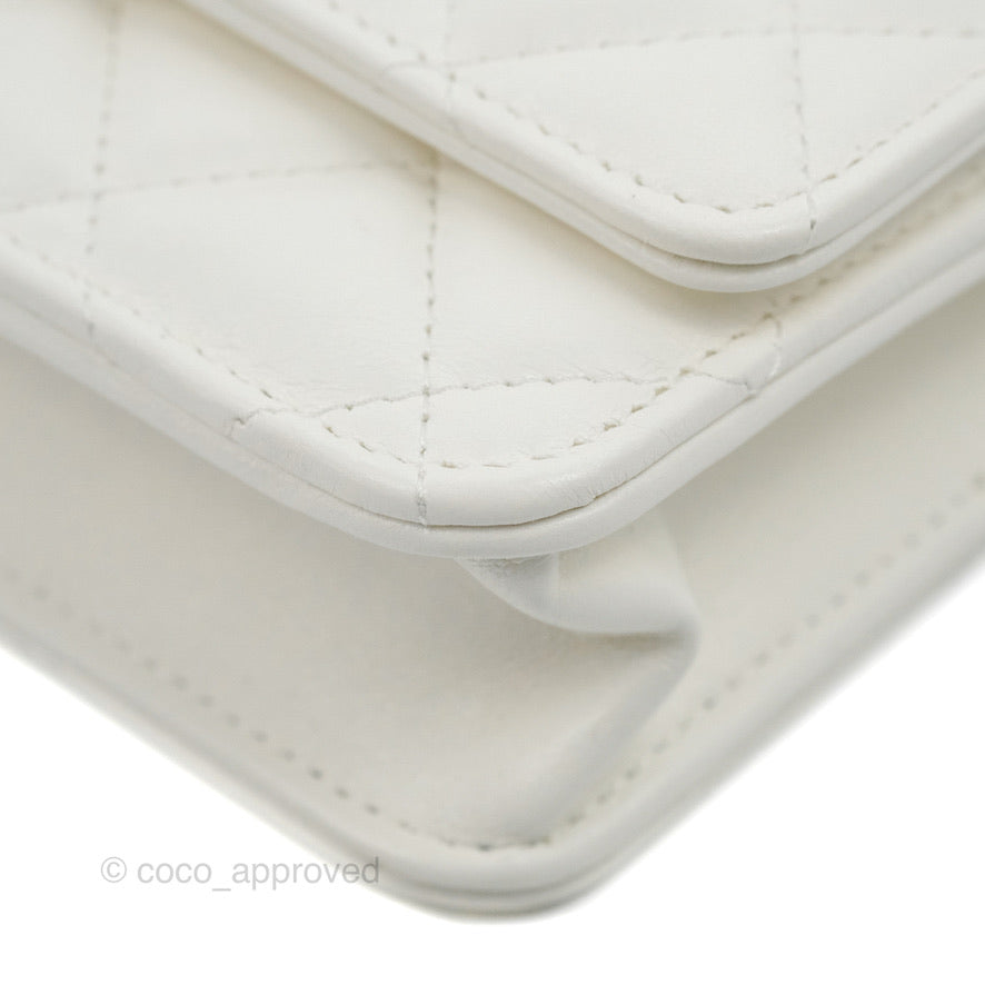 Chanel Quilted Double Chain WOC White Shiny Lambskin Aged Gold Hardware 23C