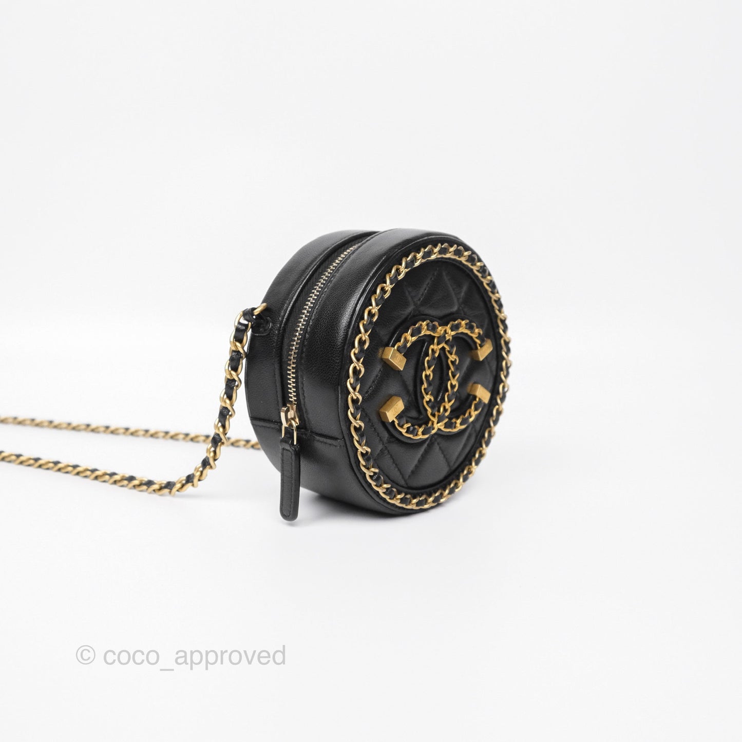 Chanel Chained Round Filigree Clutch With Chain Black Lambskin Gold Hardware