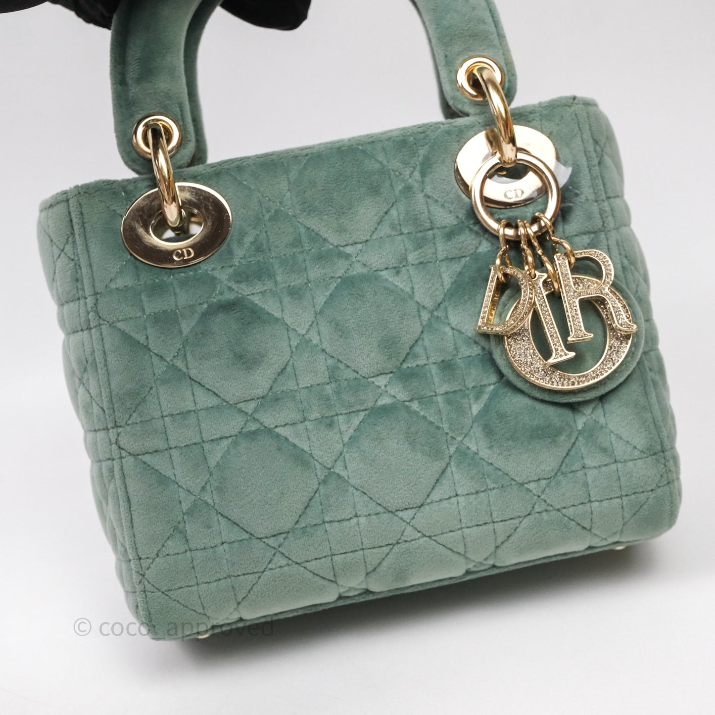 Christian Dior Mini Lady Dior Green Suede Cannage Gold Hardware