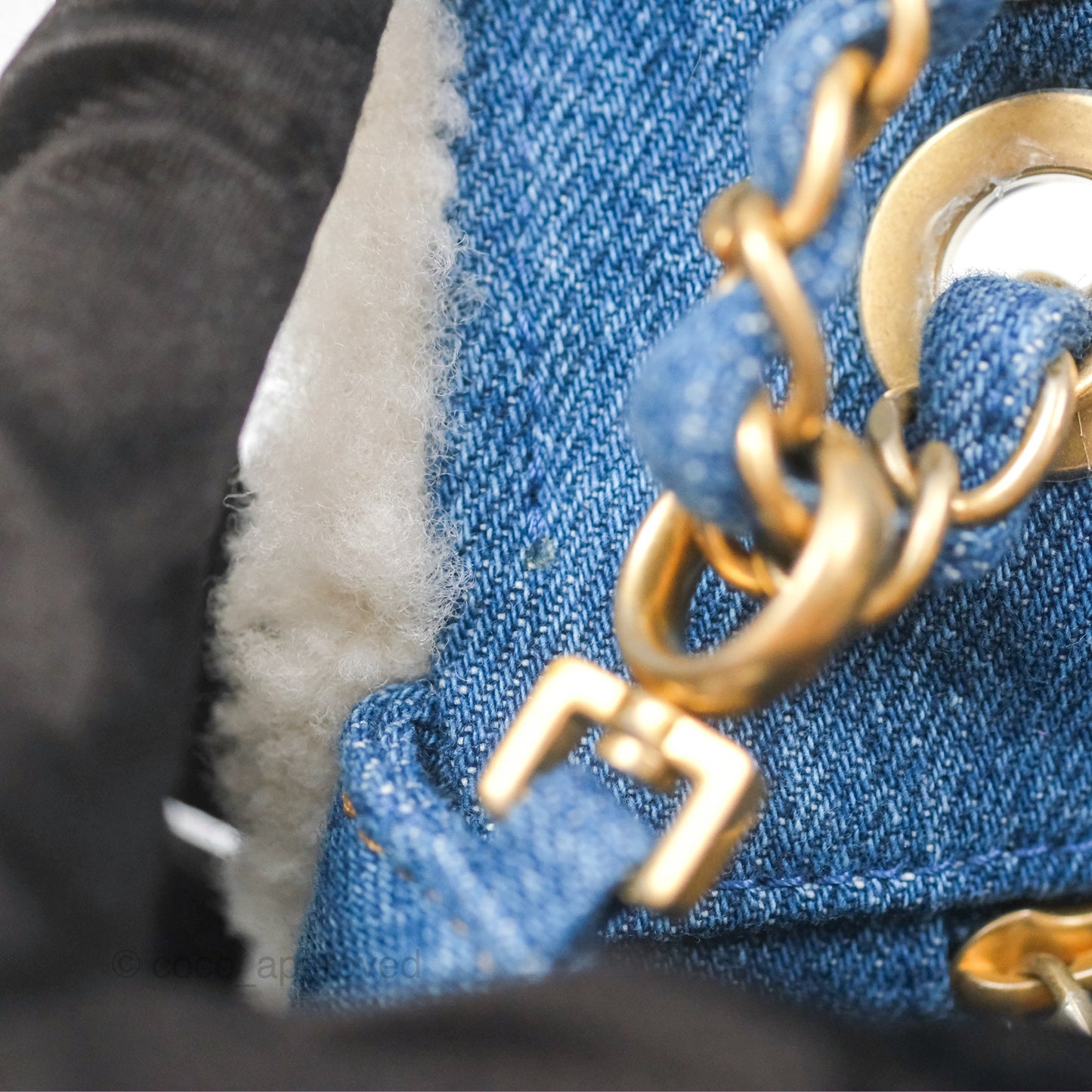 Chanel Medium Denim Shearling Hieroglyph Flap Bag Aged Gold Hardware