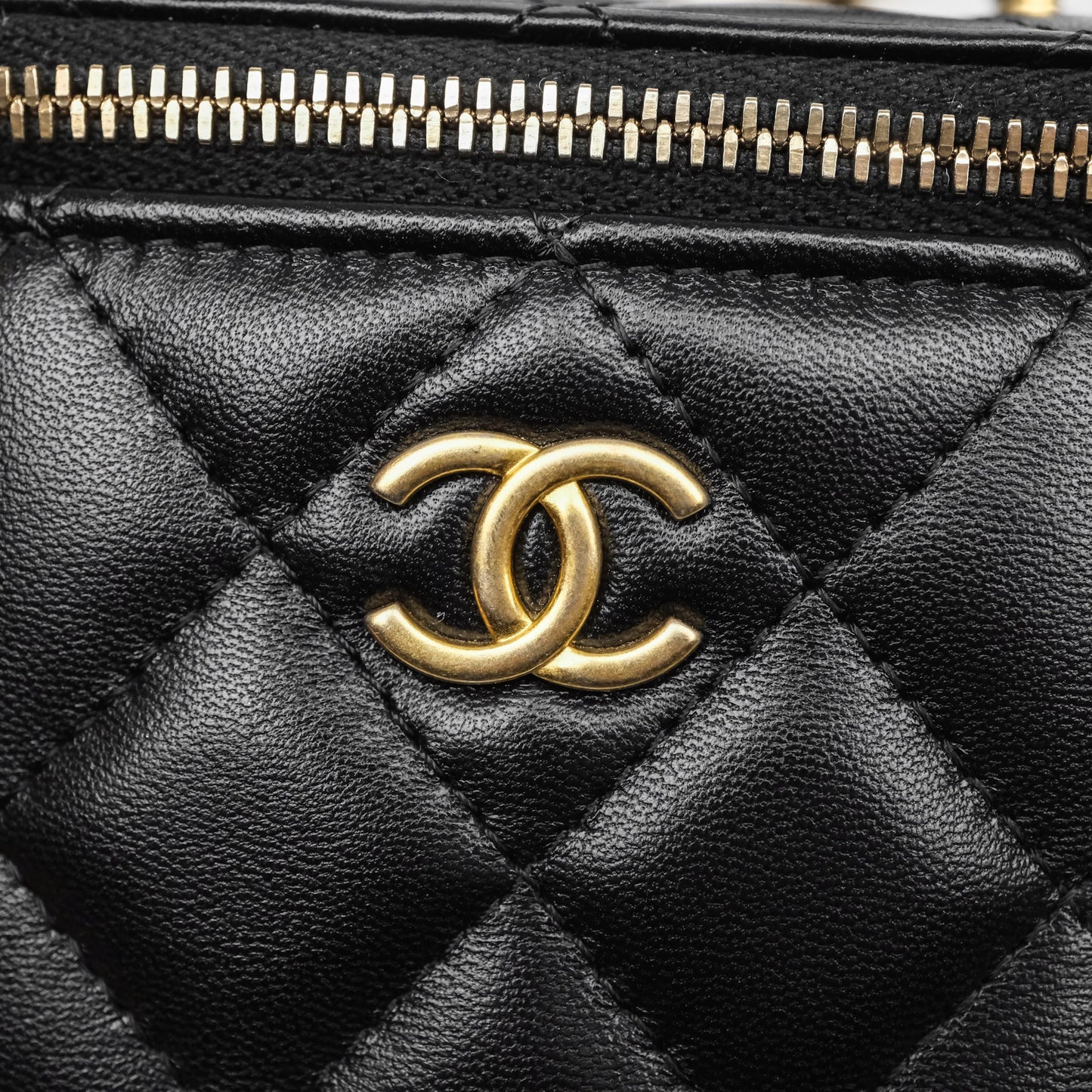 Chanel Mini Top Handle Vanity With Chain Black Lambskin Aged Gold Hardware