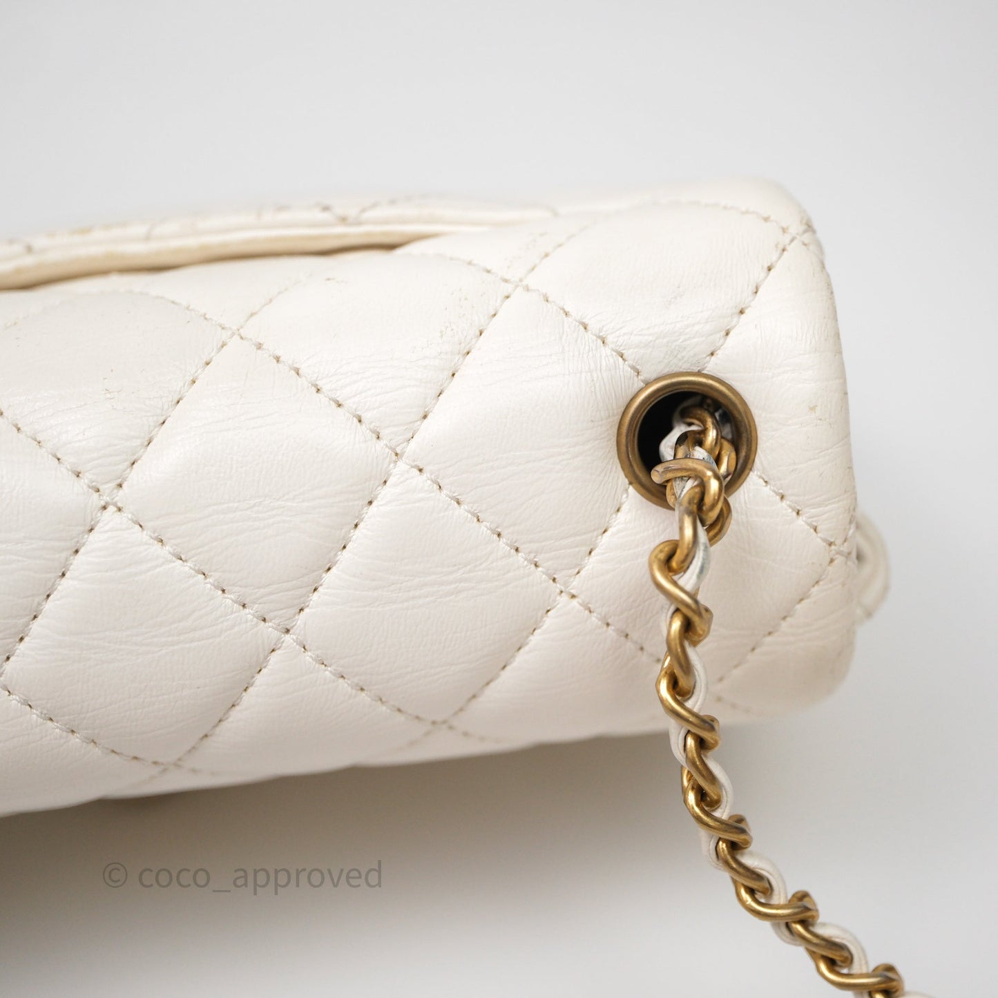 Chanel Mini Rectangular Pearl Crush Quilted White Lambskin Aged Gold Hardware