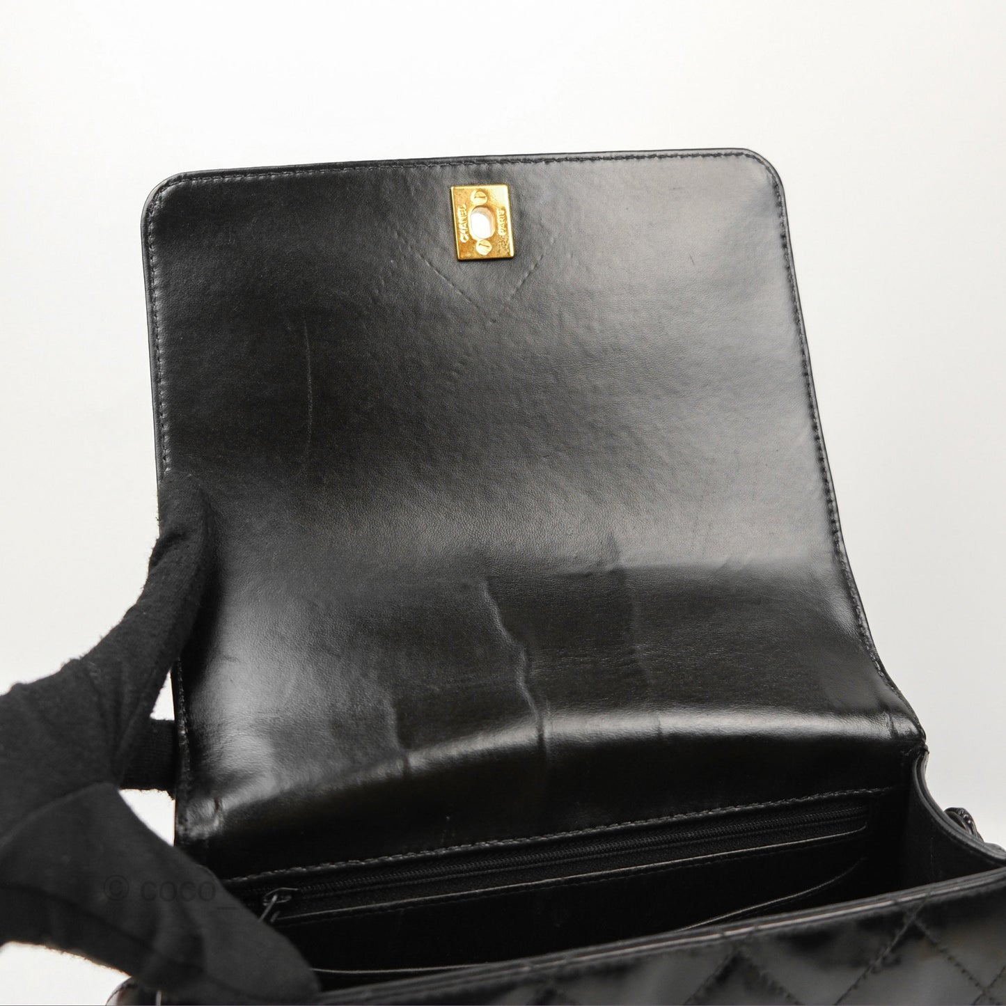 Chanel Vintage Flap Shoulder Bag Black Patent 24K Gold Hardware