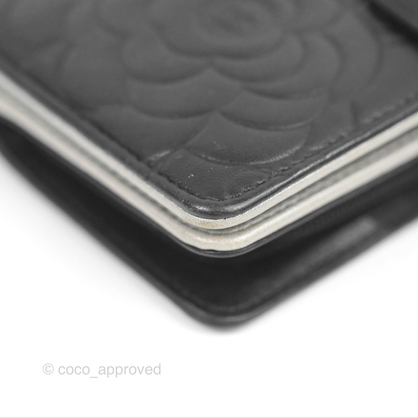 Chanel Wallet Black Camellia Embossed Lambskin Silver Hardware