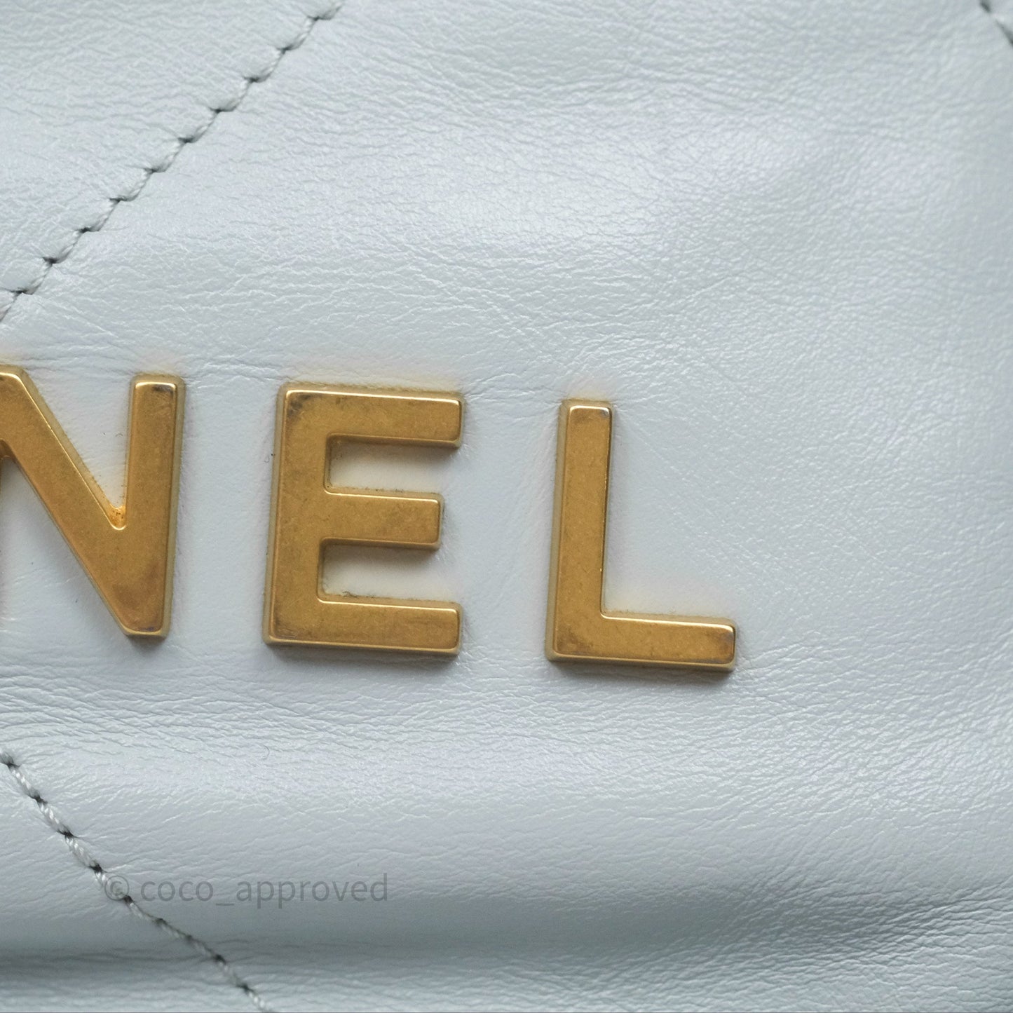 Chanel 22 Mini Bag Blue Grey Shiny Crumpled Calfskin Aged Gold Hardware