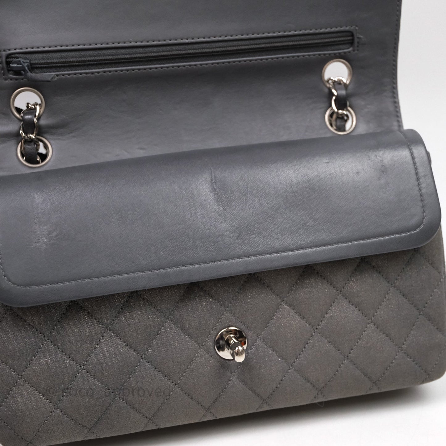 Chanel Classic M/L Medium Flap Quilted Iridescent Metallic Grey Canvas Silver Hardware
