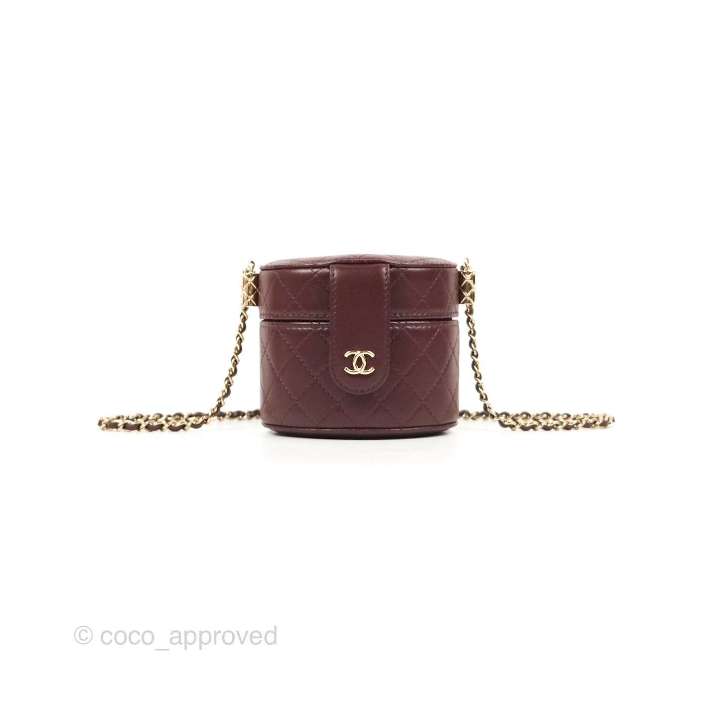 Chanel Quilted Round Vanity Clutch With Chain Burgundy Lambskin Gold Hardware