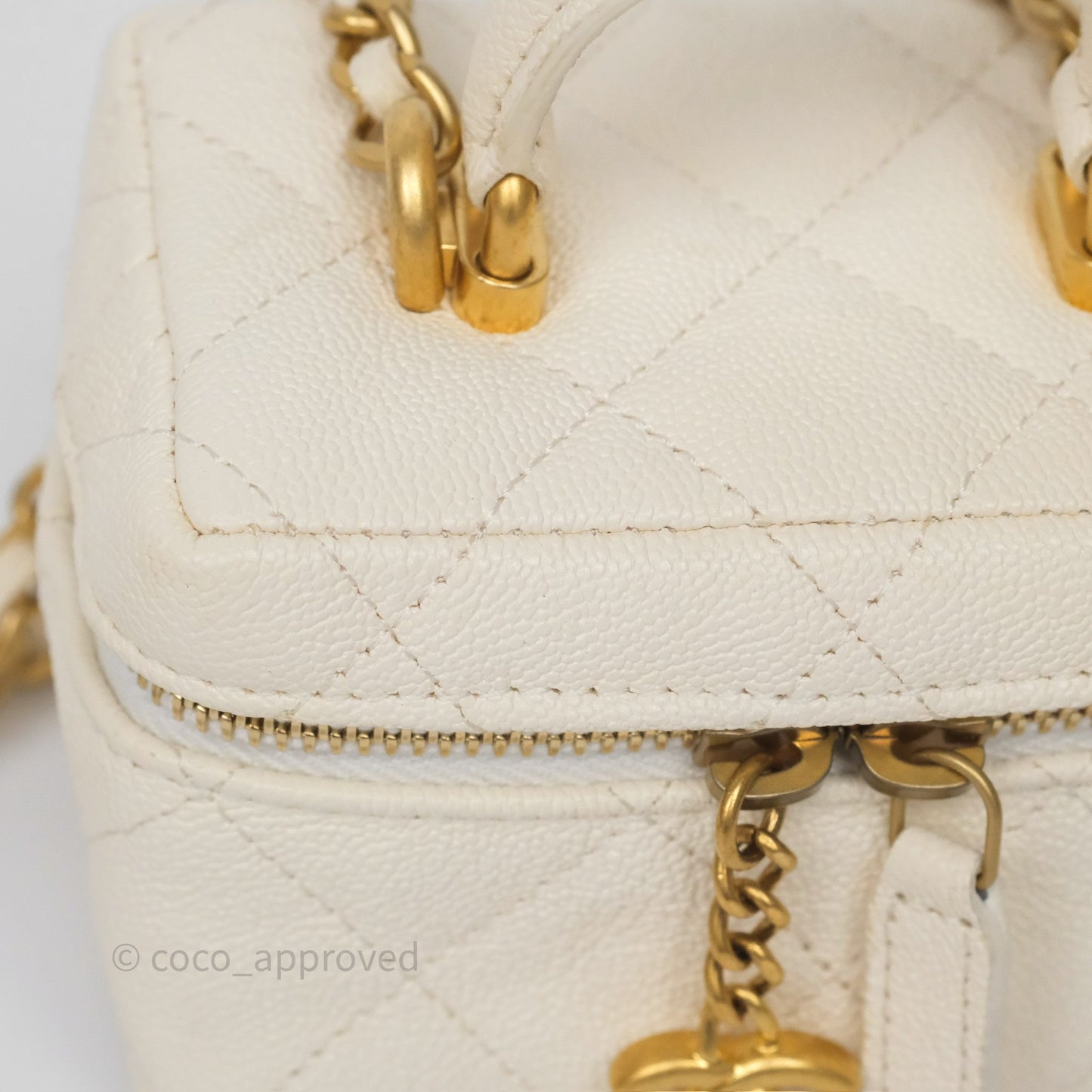 Chanel Quilted Mini Top Handle Vanity With Chain Ivory Caviar Aged Gold Hardware
