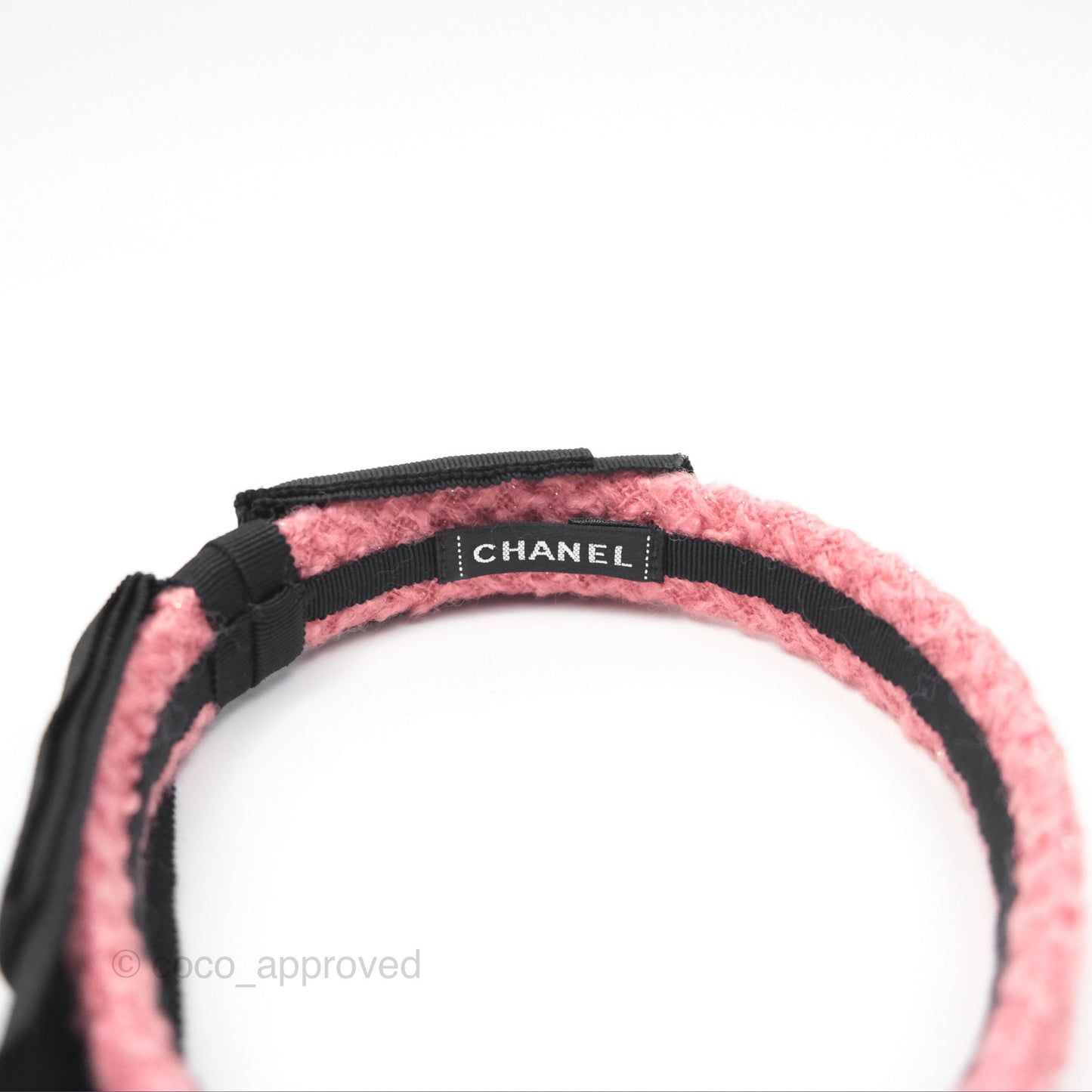 Chanel Black CC Silk Ribbon Bow Tweed Hair Band Pink 22B