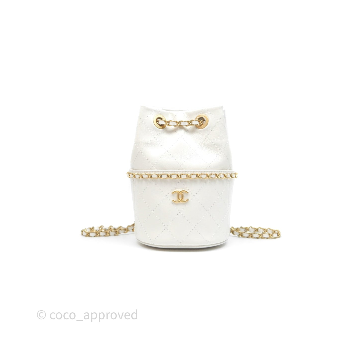 Chanel Mini Bucket Bag White Shiny Lambskin Aged Gold Hardware 25C