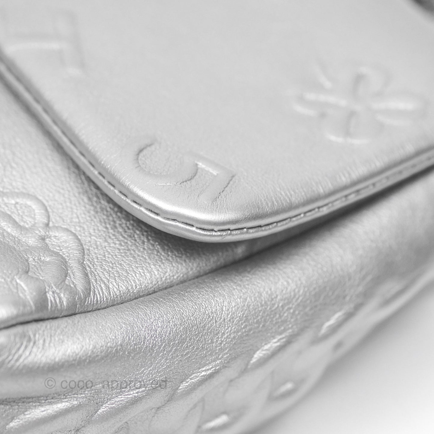 Chanel Medium Single Flap Embossed Metallic Silver Lambskin Ruthenium Hardware