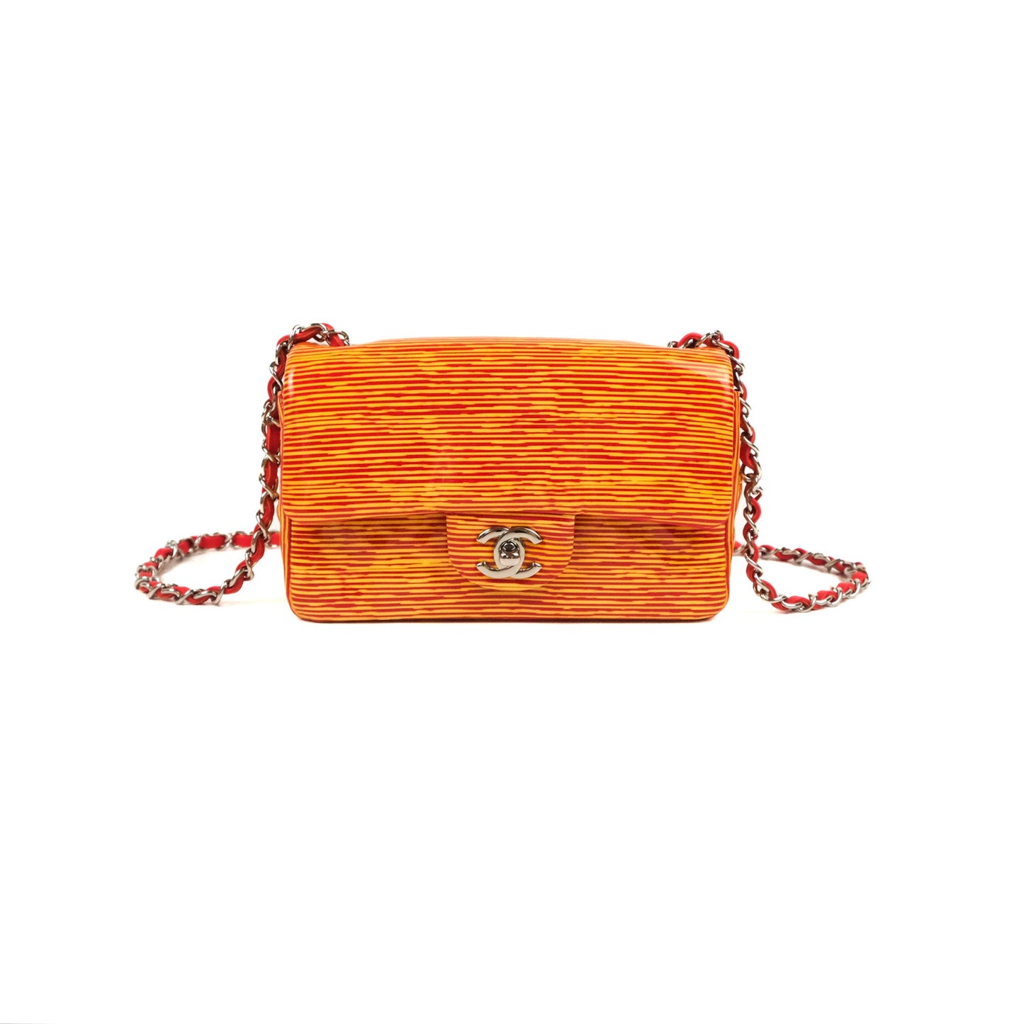Chanel Mini Rectangular Flap Bag Orange Red Striped Patent Silver Hardware