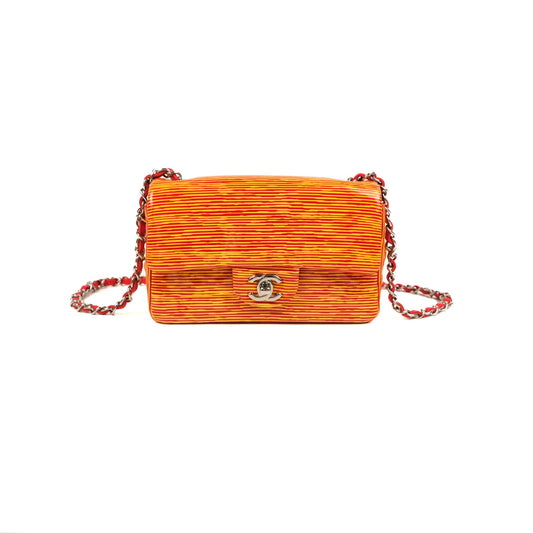 Chanel Mini Rectangular Flap Bag Orange Red Striped Patent Silver Hardware