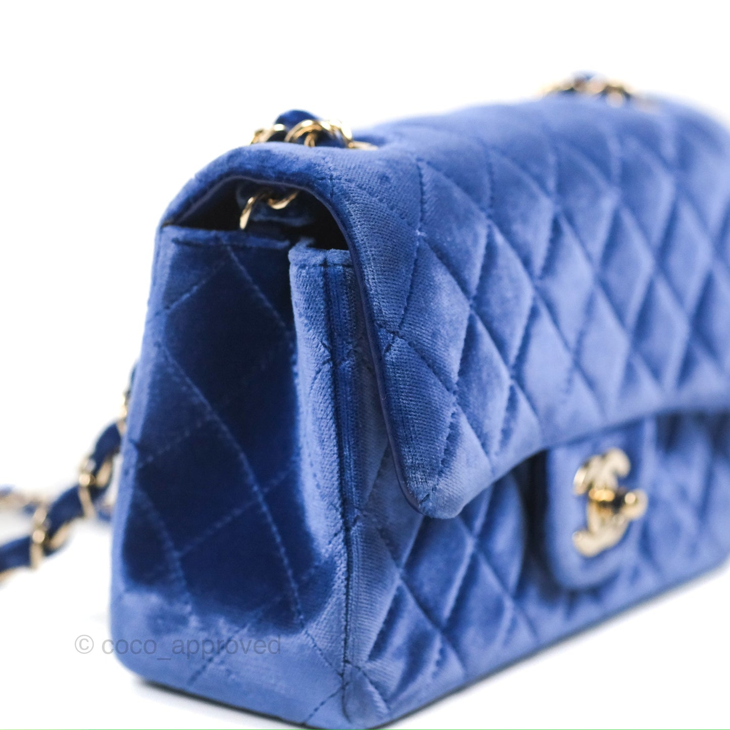 Chanel Quilted Mini Rectangular Flap Blue Velvet Gold Hardware