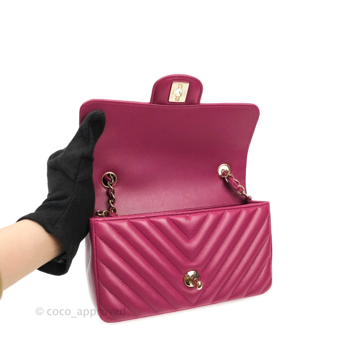 Chanel Chevron Mini Rectangular Lambskin Flap Dark Pink Gold Hardware