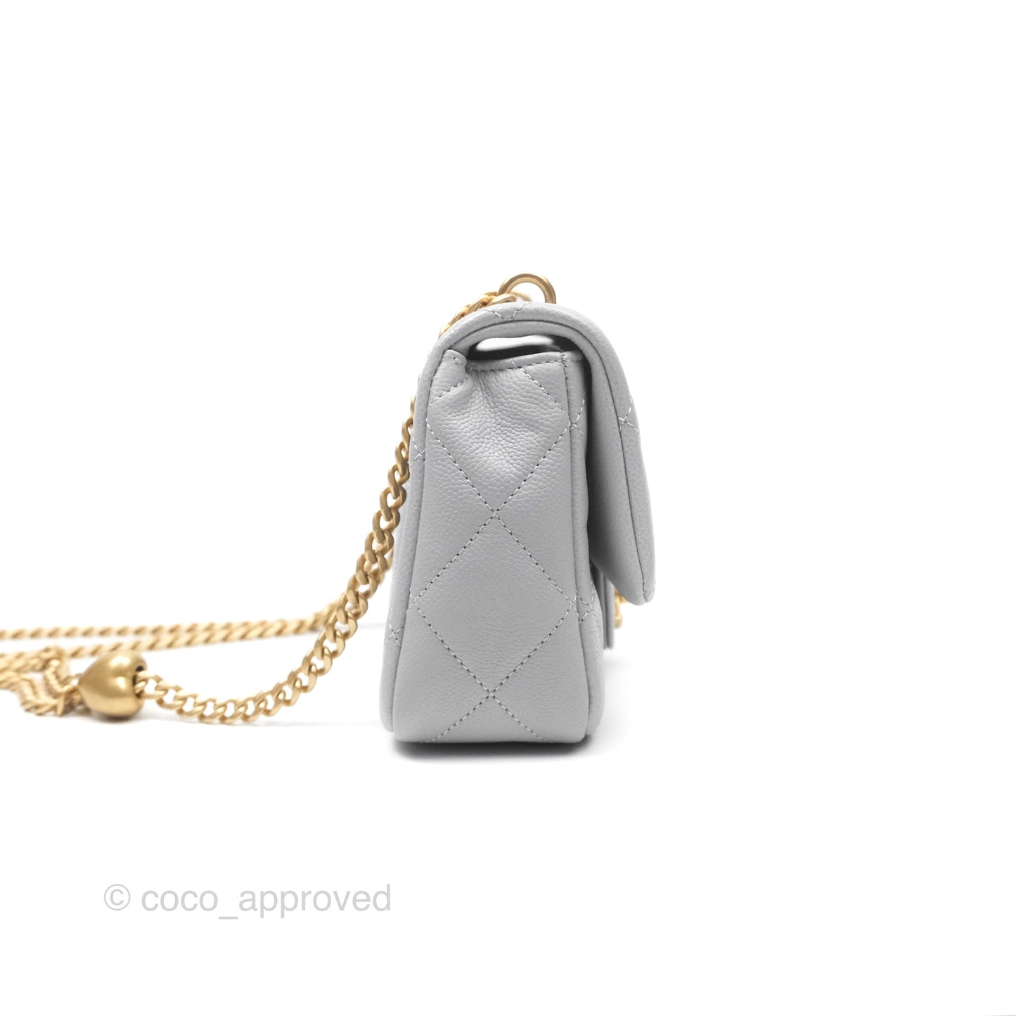 Chanel Mini Flap Bag Heart Adjustable Chain Grey Caviar Aged Gold Hardware
