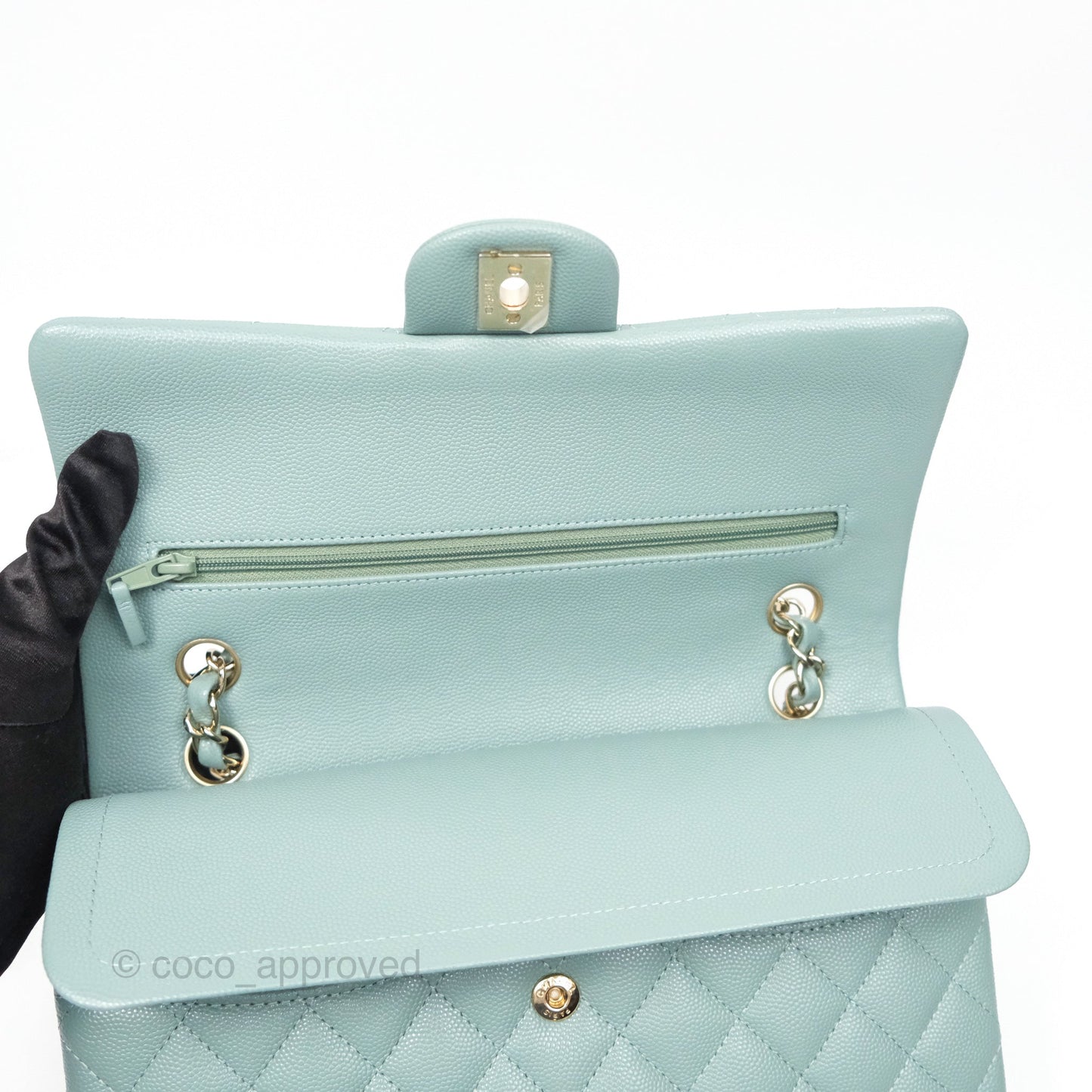 Chanel Classic M/L Medium Flap Quilted Tiffany Seafoam Green Caviar Gold Hardware