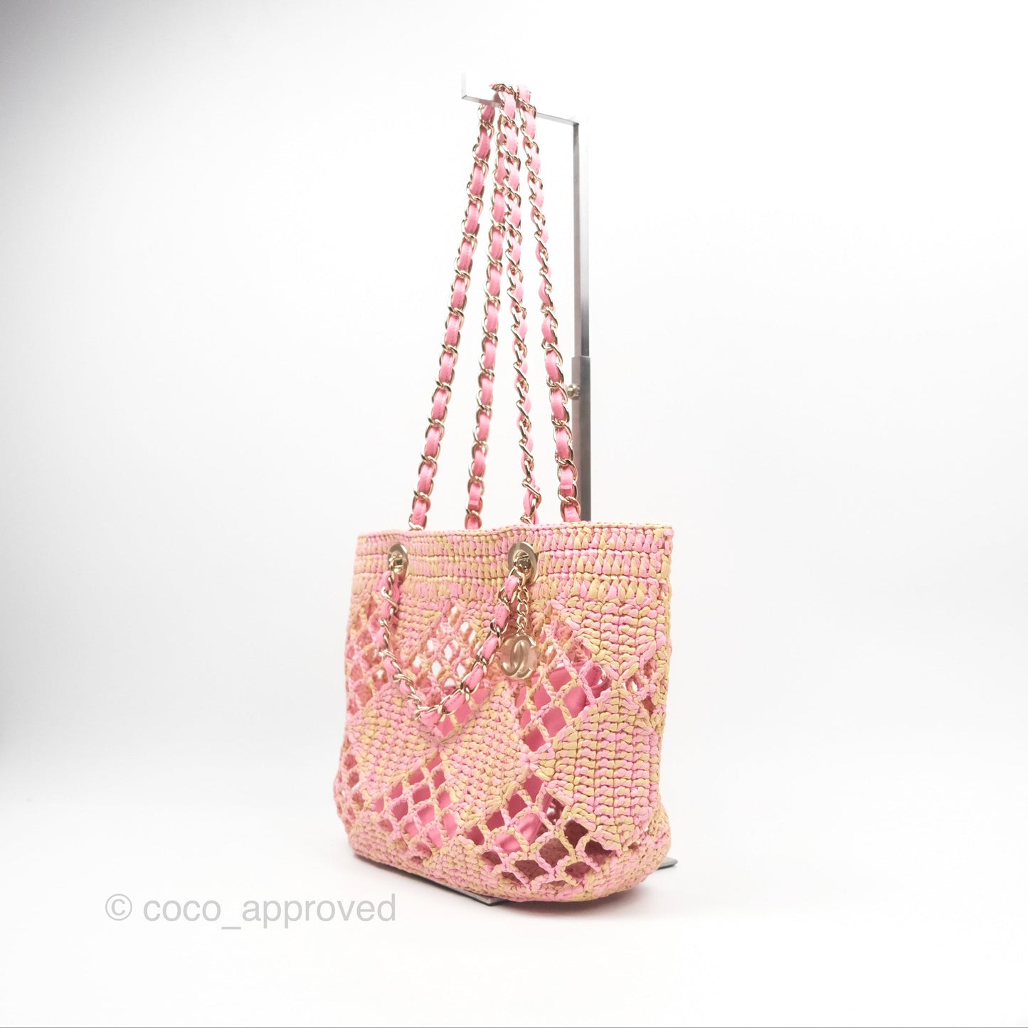 Chanel Coco Beach Bag Raffia Effect Braided Pink Beige Gold Hardware 24A
