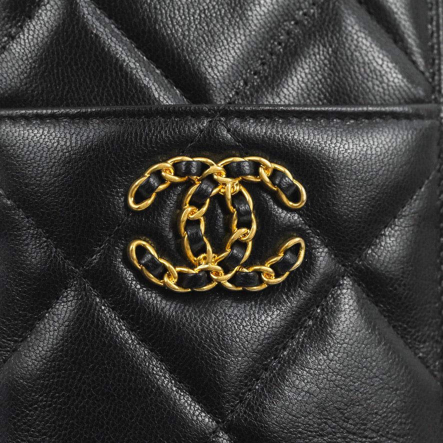 Chanel 19 Phone Holder Long Zip Wallet Black Goatskin Gold Hardware