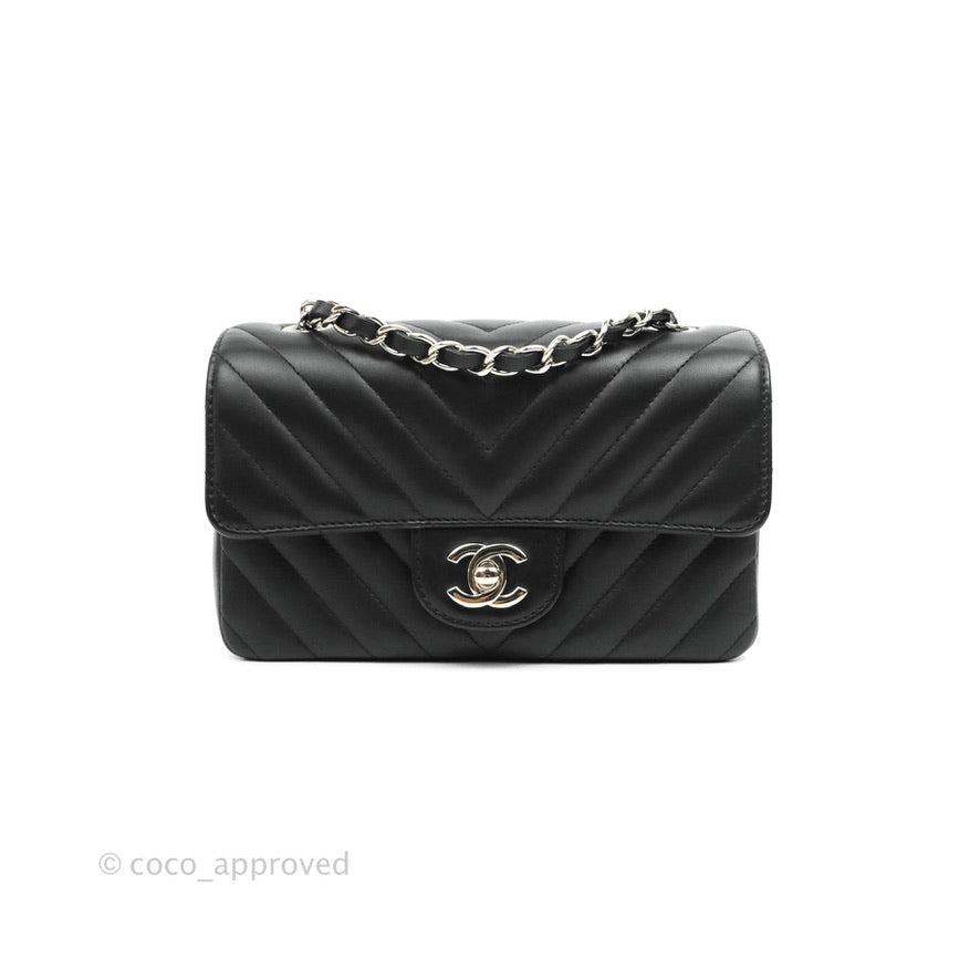 Chanel Chevron Mini Rectangular Flap Black Lambskin Silver Hardware