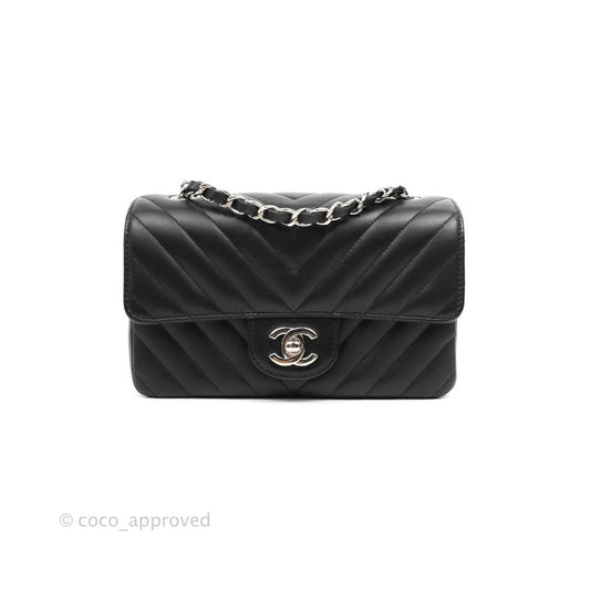 Chanel Chevron Mini Rectangular Flap Black Lambskin Silver Hardware