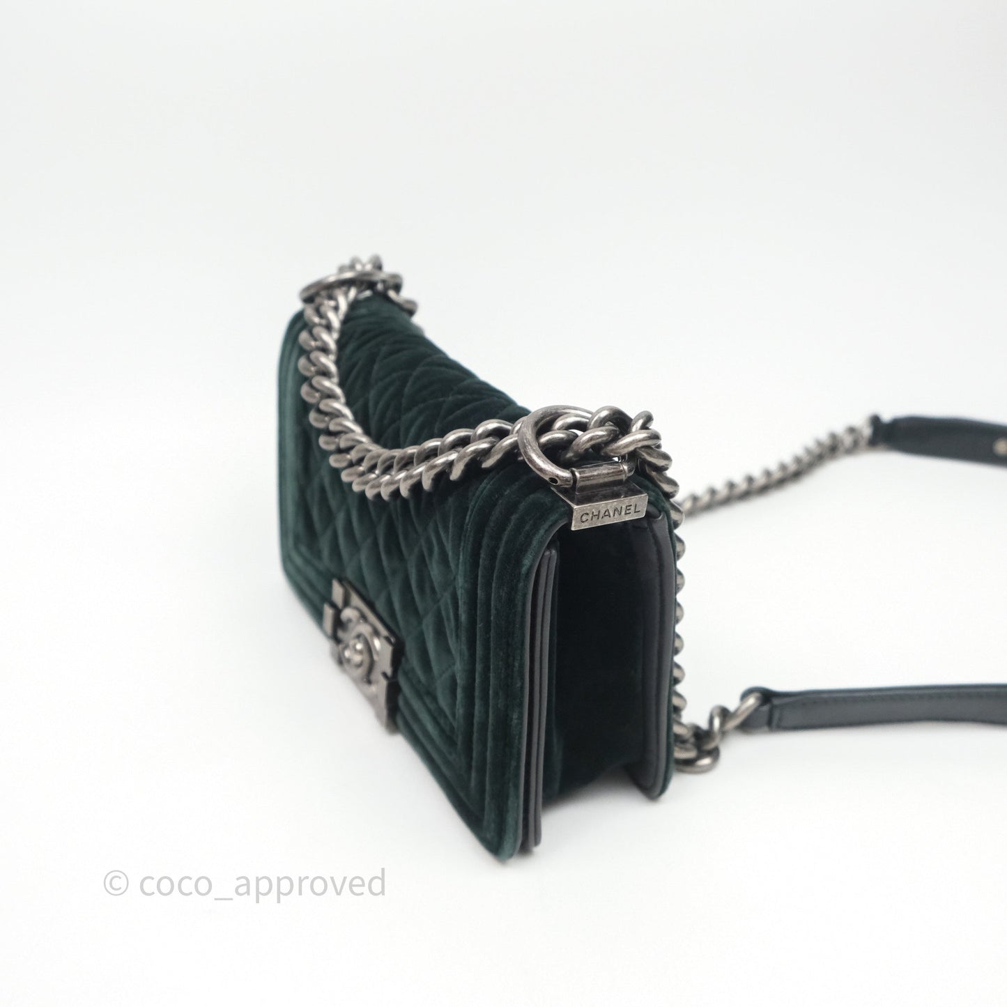 Chanel Small Boy Quilted Dark Green Velvet Ruthenium Hardware