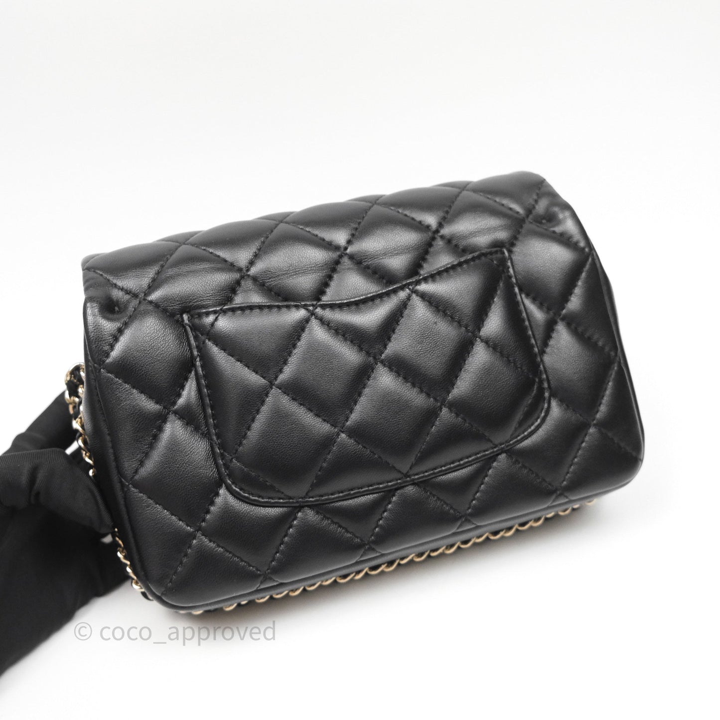 Chanel Logo Pearl Chain Flap Bag Black Lambskin Gold Hardware