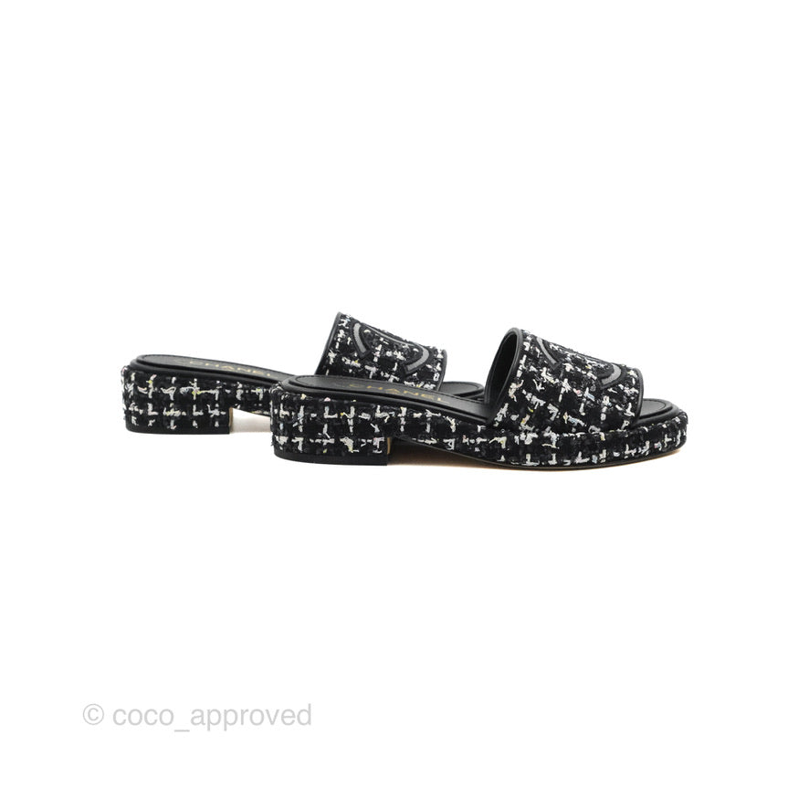 Chanel CC Sandals Black Tweed Size 35