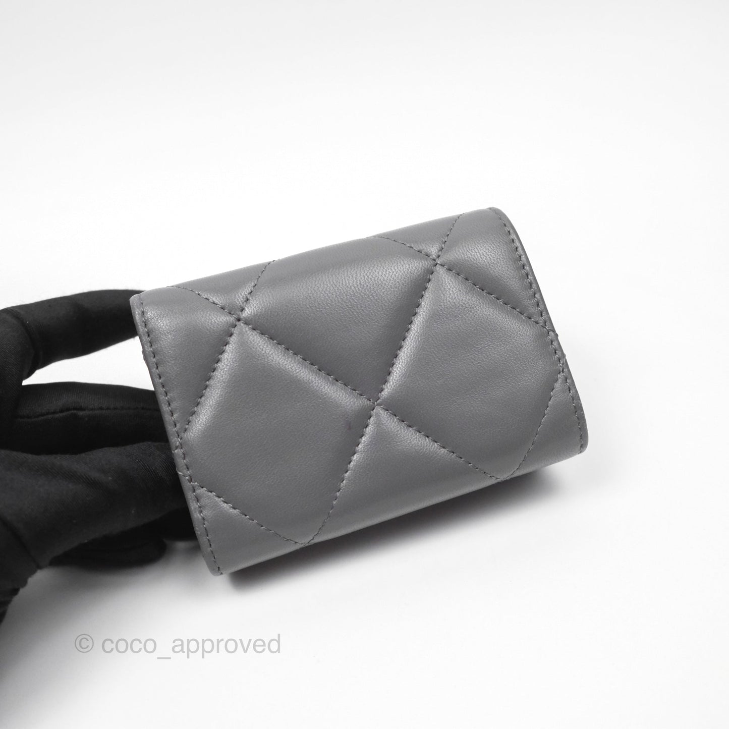 Chanel 19 Grey Short Trifold Wallet Lambskin Silver Hardware