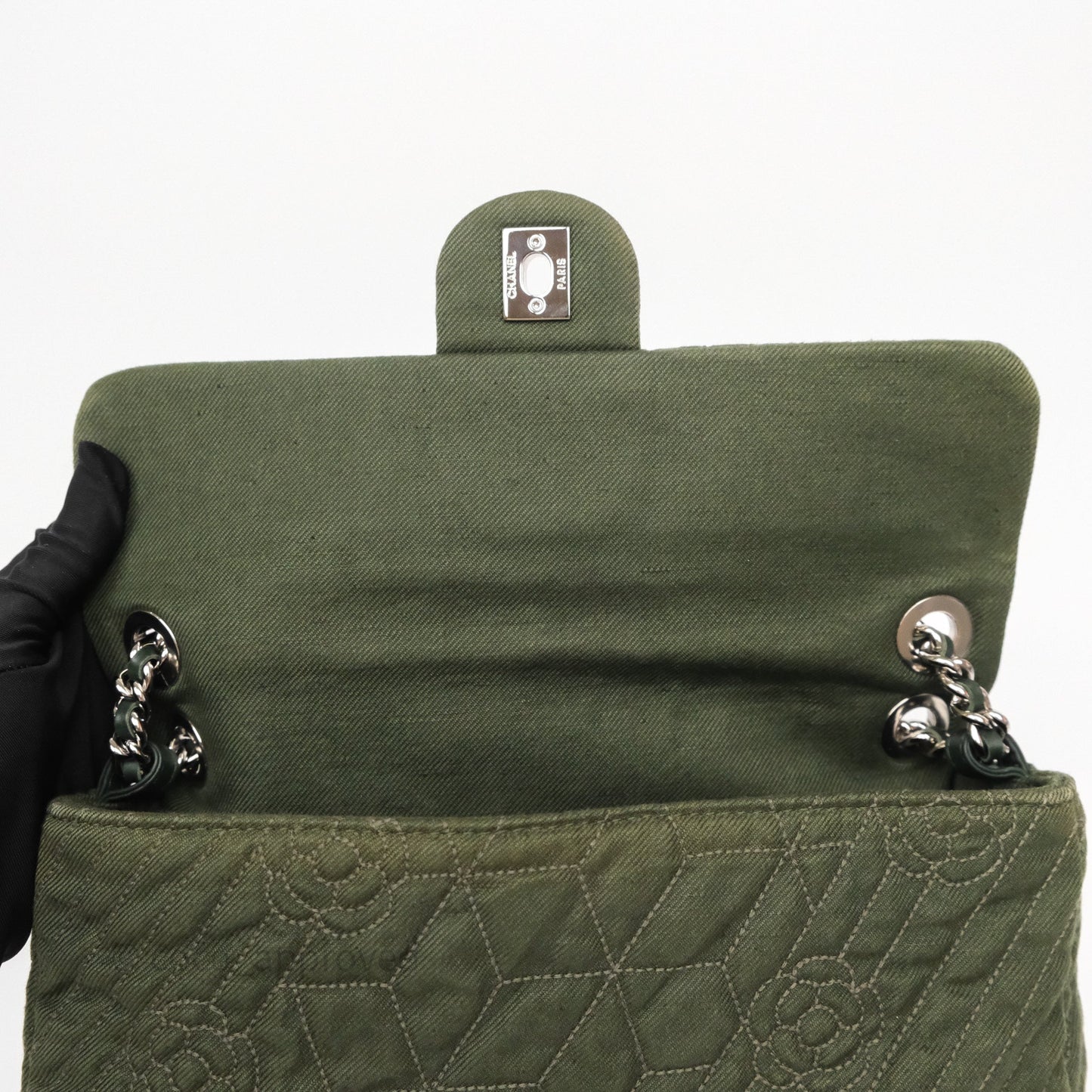 Chanel Camellia Flap Bag Army Green Denim Silver Hardware