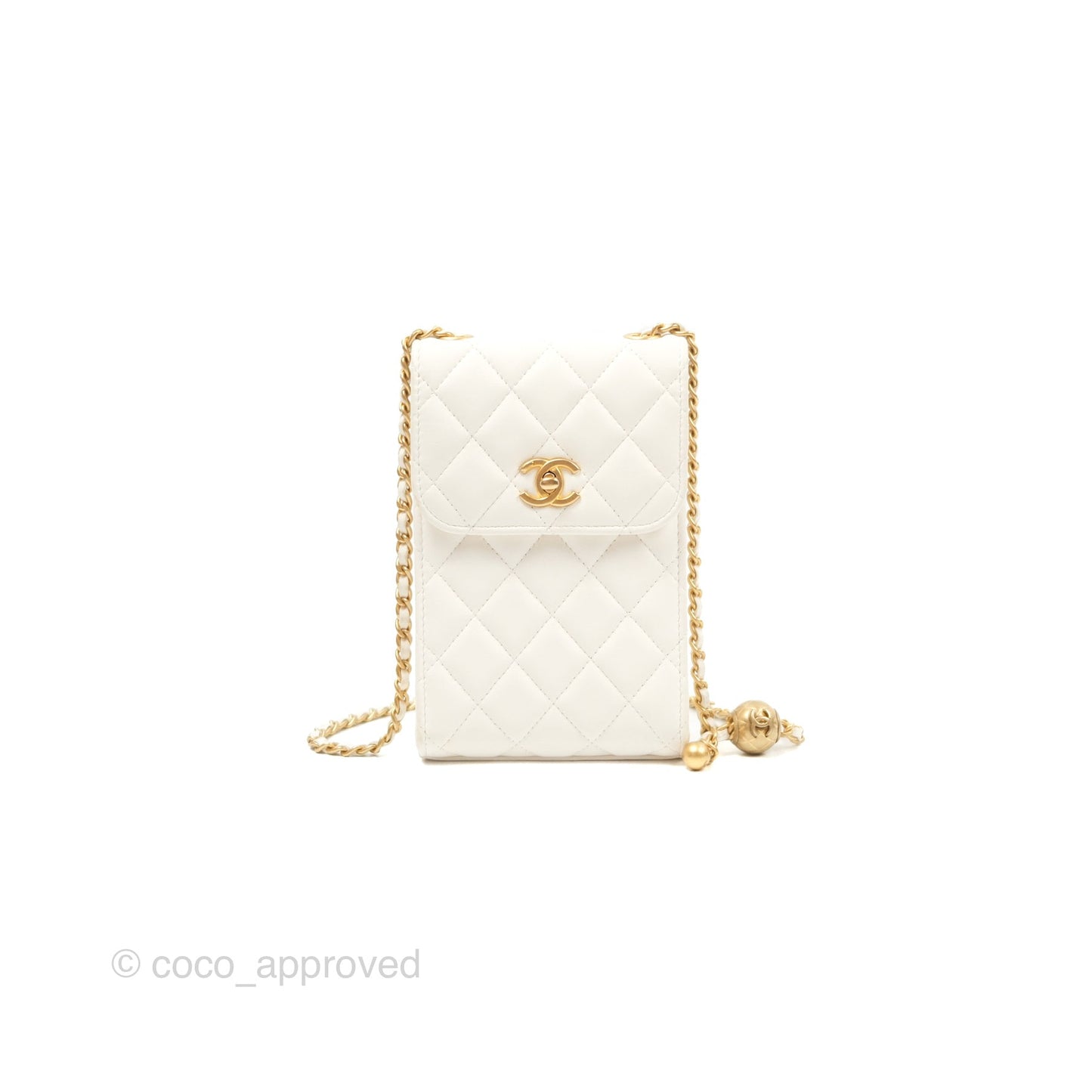 Chanel Quilted Pearl Crush Phone Holder With Chain White Lambskin