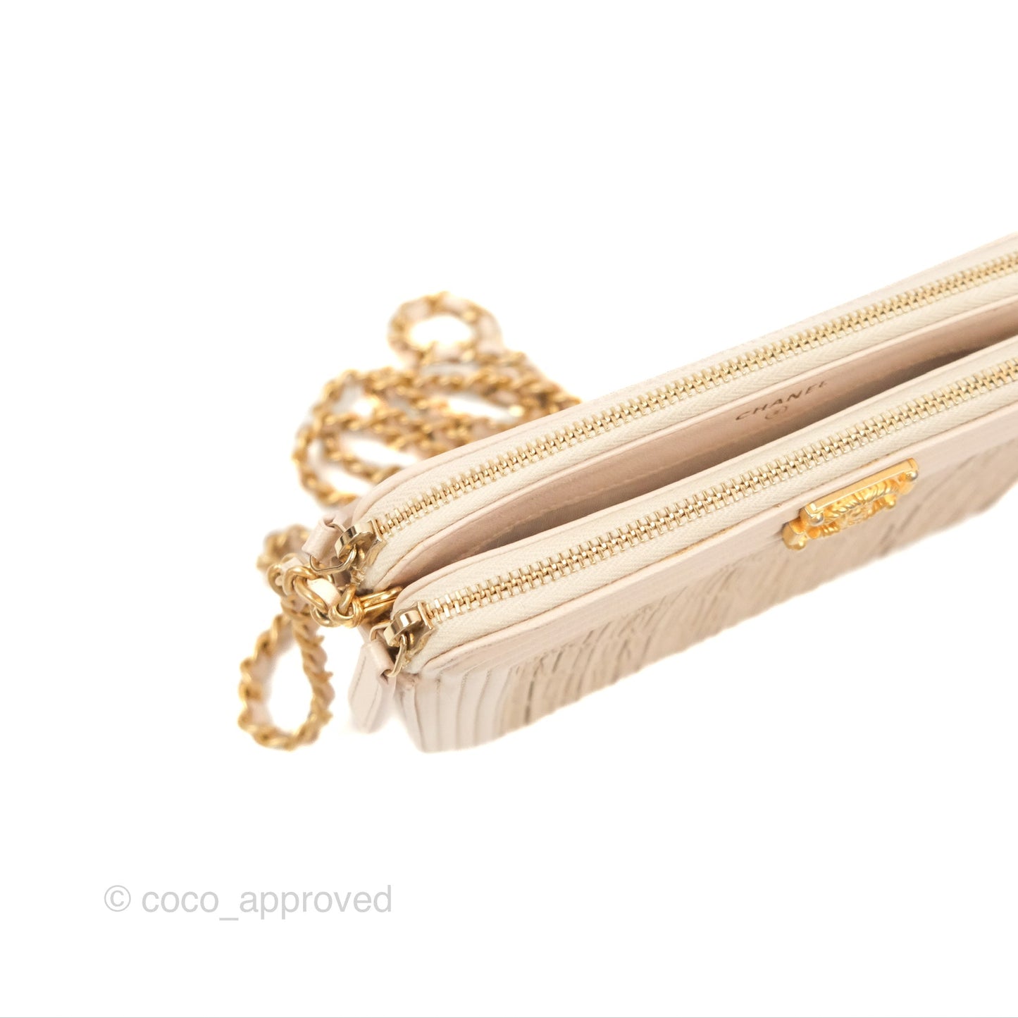 Chanel Boy Double Zip Clutch On Chain Chevron Pale Beige Aged Gold Hardware