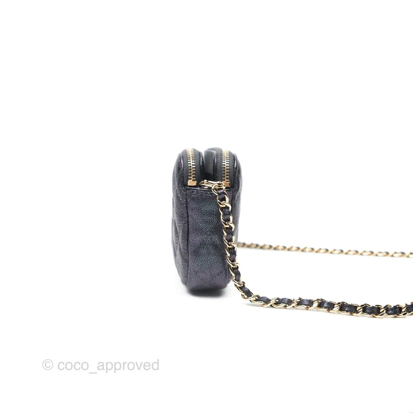 Chanel Quilted Zip Clutch With Chain Iridescent Dark Grey Caviar Gold Hardware