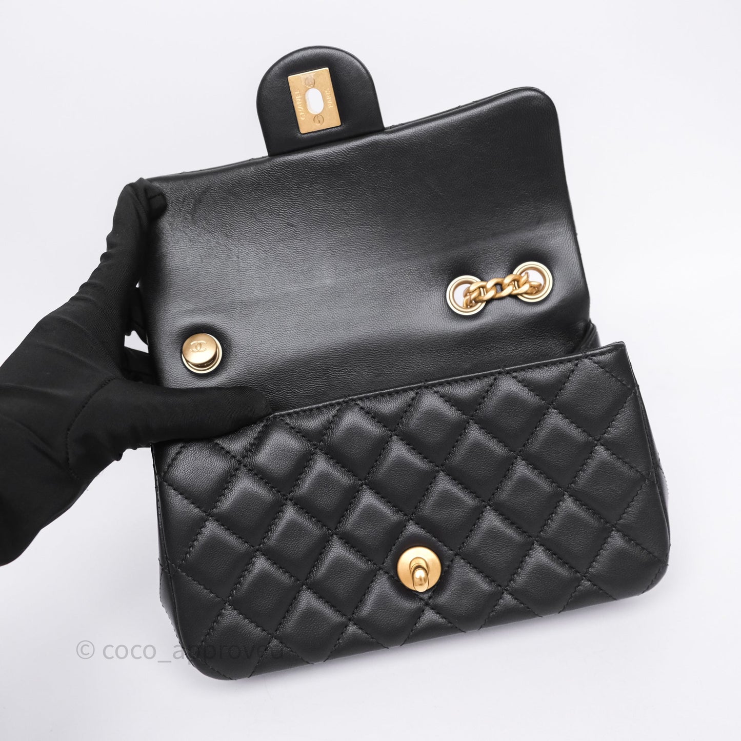 Chanel Mini Rectangular Flap with Camellia Adjustable Chain Black Lambskin Aged Gold Hardware