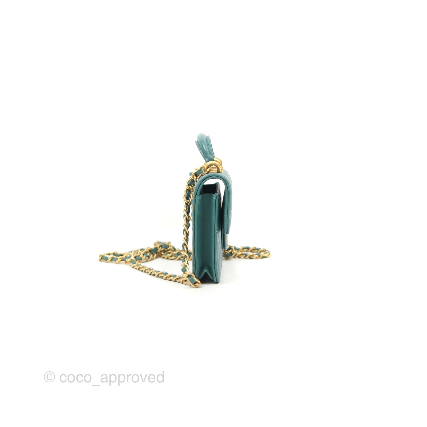 Chanel Mini Handle Flap Coin Purse With Chain Teal Green Lambskin Aged Gold Hardware