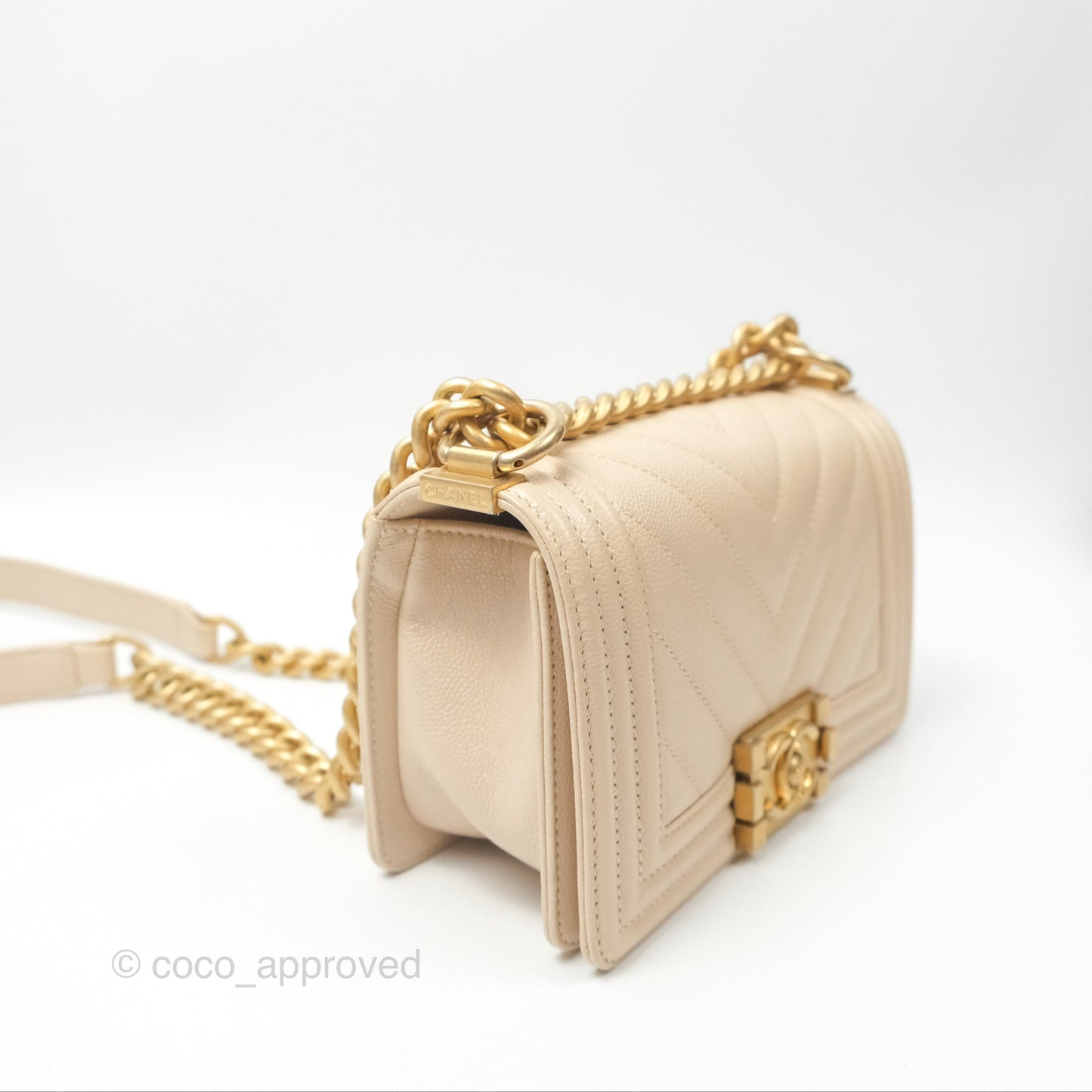 Chanel Chevron Small Boy Cream Ivory Caviar Aged Gold Hardware