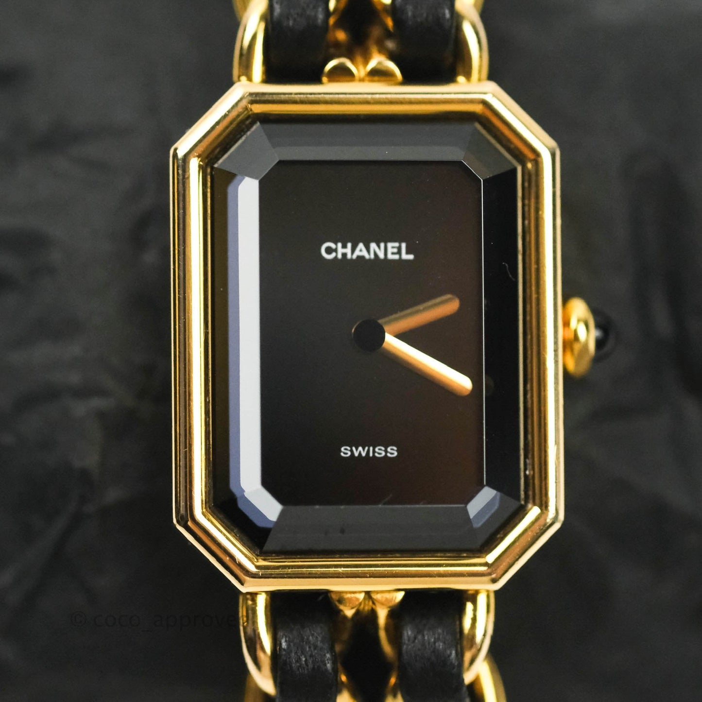 Chanel Vintage Première Watch Black Leather Gold Plated M Size