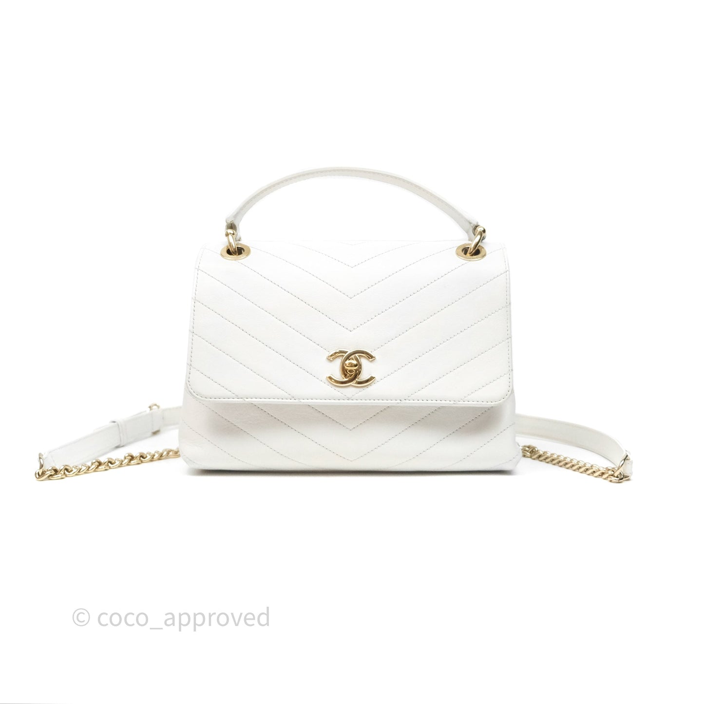 Chanel Small Chevron Chic Top Handle Flap White Calfskin Gold Hardware